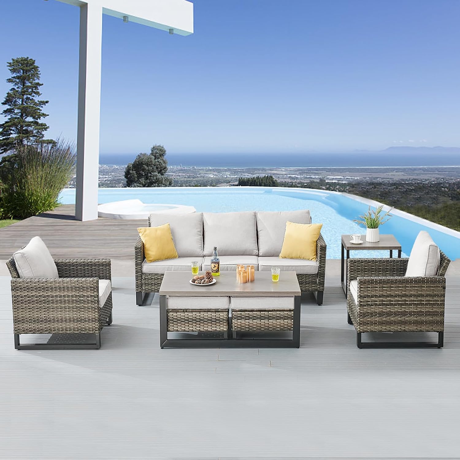 Patio Furniture 5 Piece Outdoor Sofa Set, Oversize Outdoor Dining Chairs with Rattan Ottomans, Conversation Sets Patio Furniture Come with Removable Washable