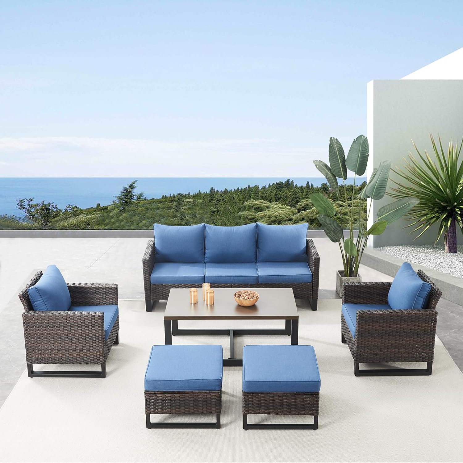 Patio Furniture 5 Piece Outdoor Sofa Set, Oversize Outdoor Dining Chairs with Rattan Ottomans, Conversation Sets Patio Furniture Come with Removable Washable