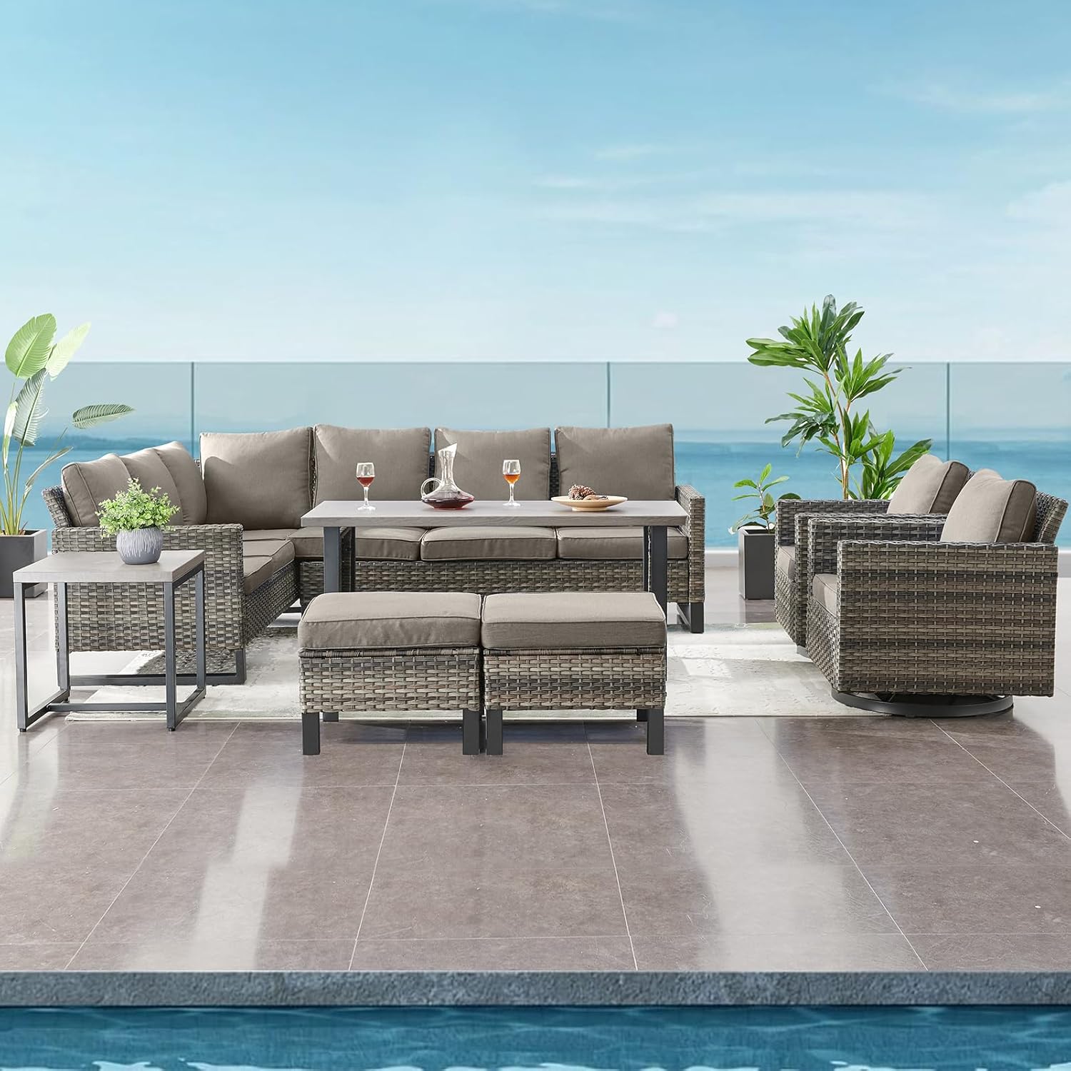 Patio Furniture 5 Piece Outdoor Sofa Set, Oversize Outdoor Dining Chairs with Rattan Ottomans, Conversation Sets Patio Furniture Come with Removable Washable