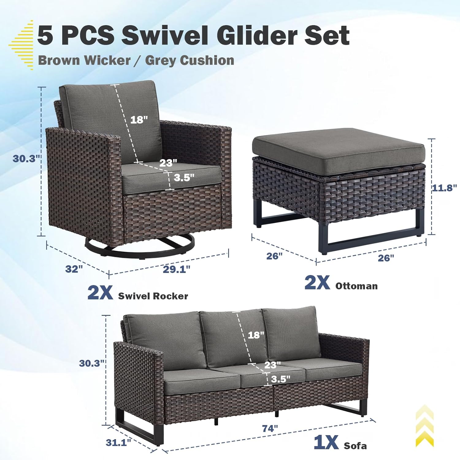 Patio Furniture 5 Piece Outdoor Sofa Set, Oversize Outdoor Dining Chairs with Rattan Ottomans, Conversation Sets Patio Furniture Come with Removable Washable