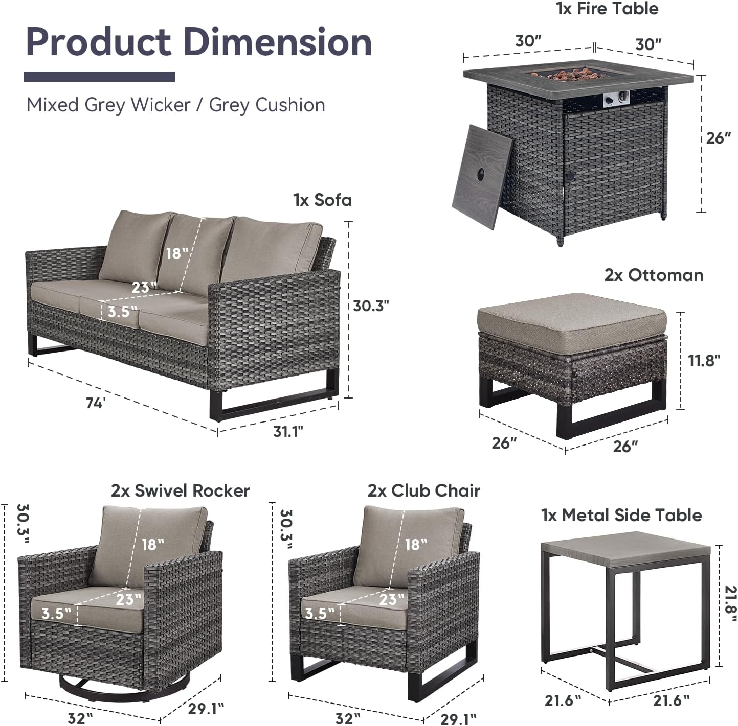 Patio Furniture 5 Piece Outdoor Sofa Set, Oversize Outdoor Dining Chairs with Rattan Ottomans, Conversation Sets Patio Furniture Come with Removable Washable