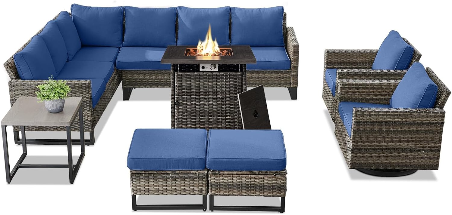 Patio Furniture 5 Piece Outdoor Sofa Set, Oversize Outdoor Dining Chairs with Rattan Ottomans, Conversation Sets Patio Furniture Come with Removable Washable
