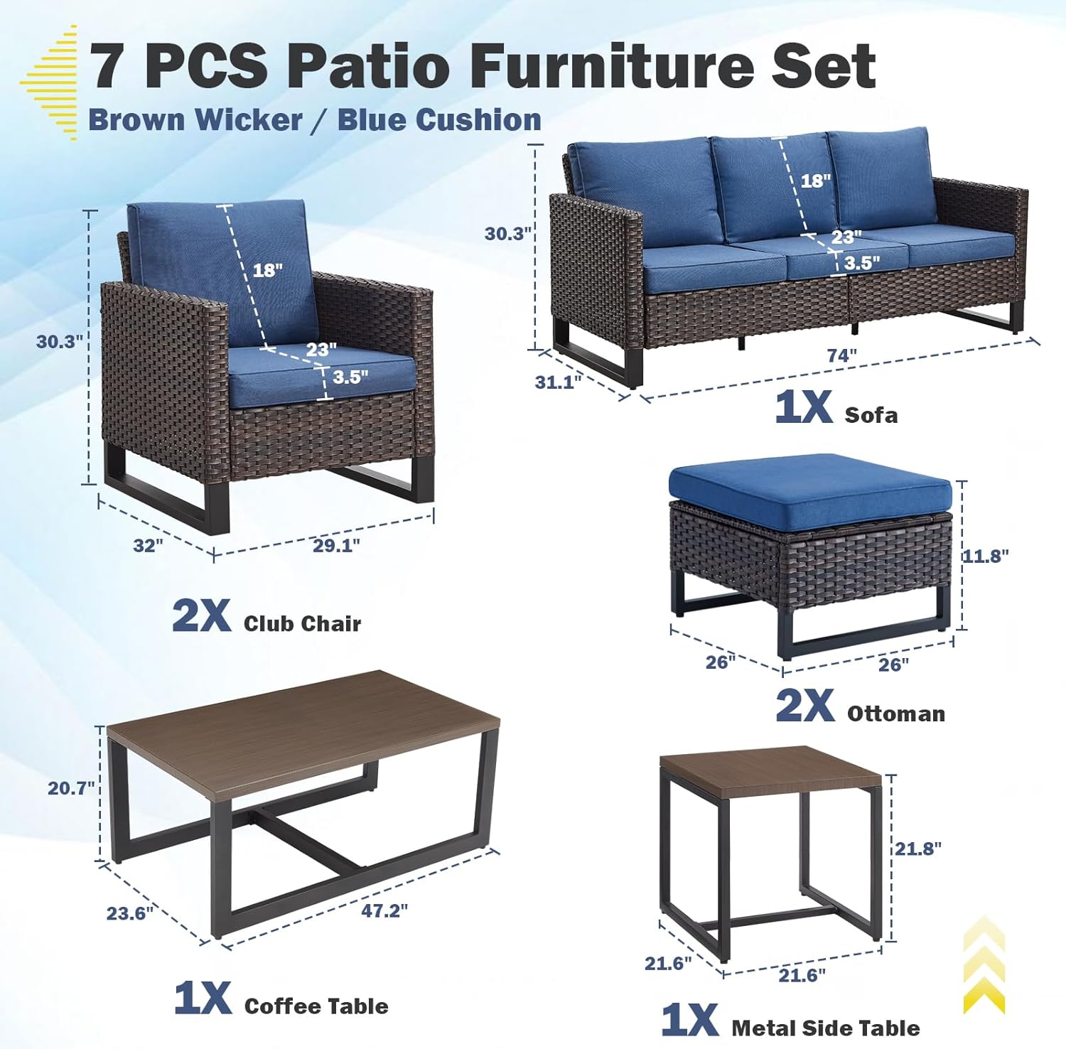 Patio Furniture 5 Piece Outdoor Sofa Set, Oversize Outdoor Dining Chairs with Rattan Ottomans, Conversation Sets Patio Furniture Come with Removable Washable