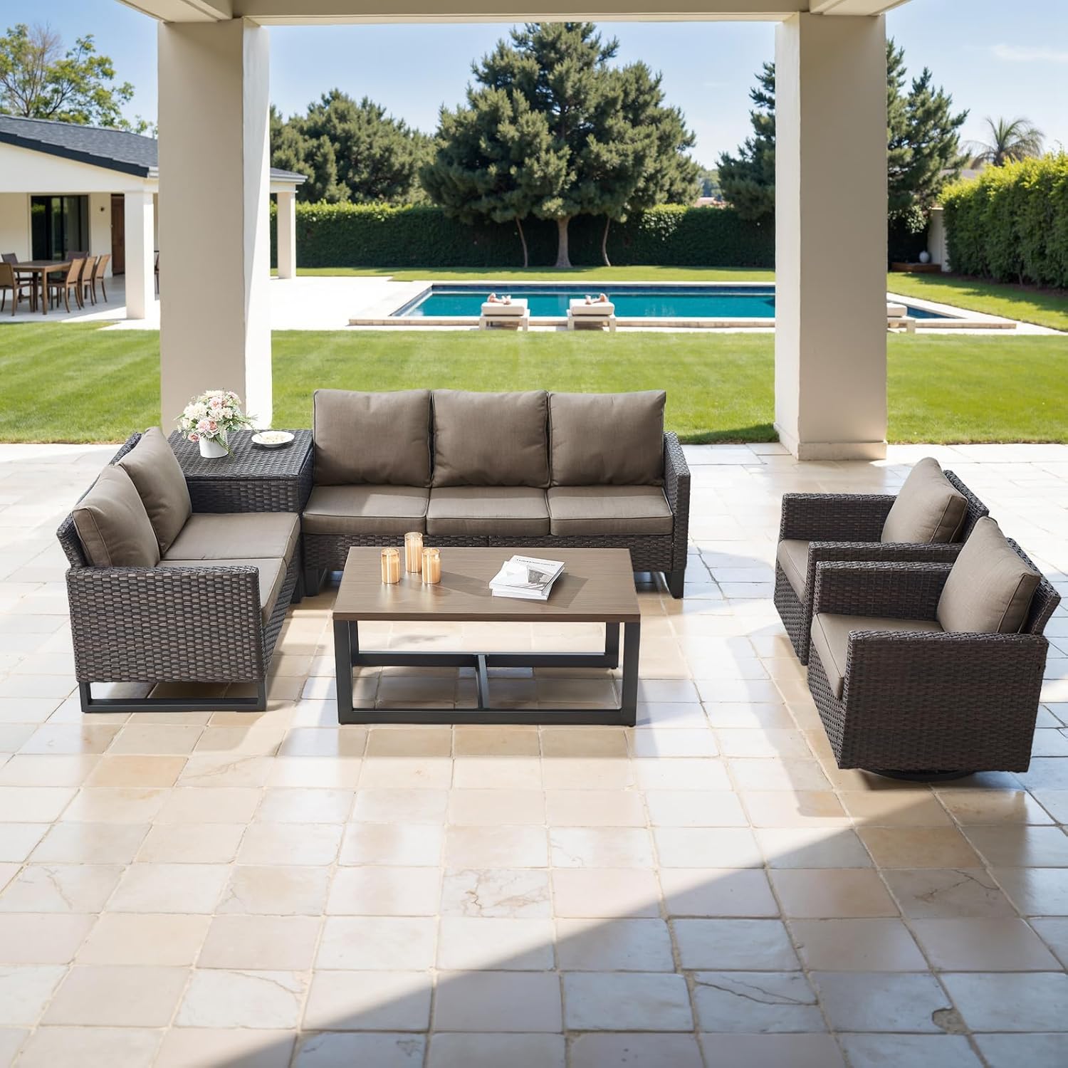 Patio Furniture 5 Piece Outdoor Sofa Set, Oversize Outdoor Dining Chairs with Rattan Ottomans, Conversation Sets Patio Furniture Come with Removable Washable