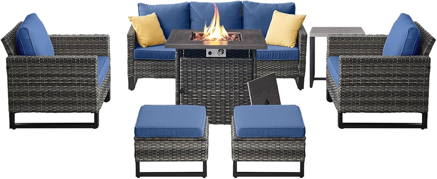 Patio Furniture 5 Piece Outdoor Sofa Set, Oversize Outdoor Dining Chairs with Rattan Ottomans, Conversation Sets Patio Furniture Come with Removable Washable