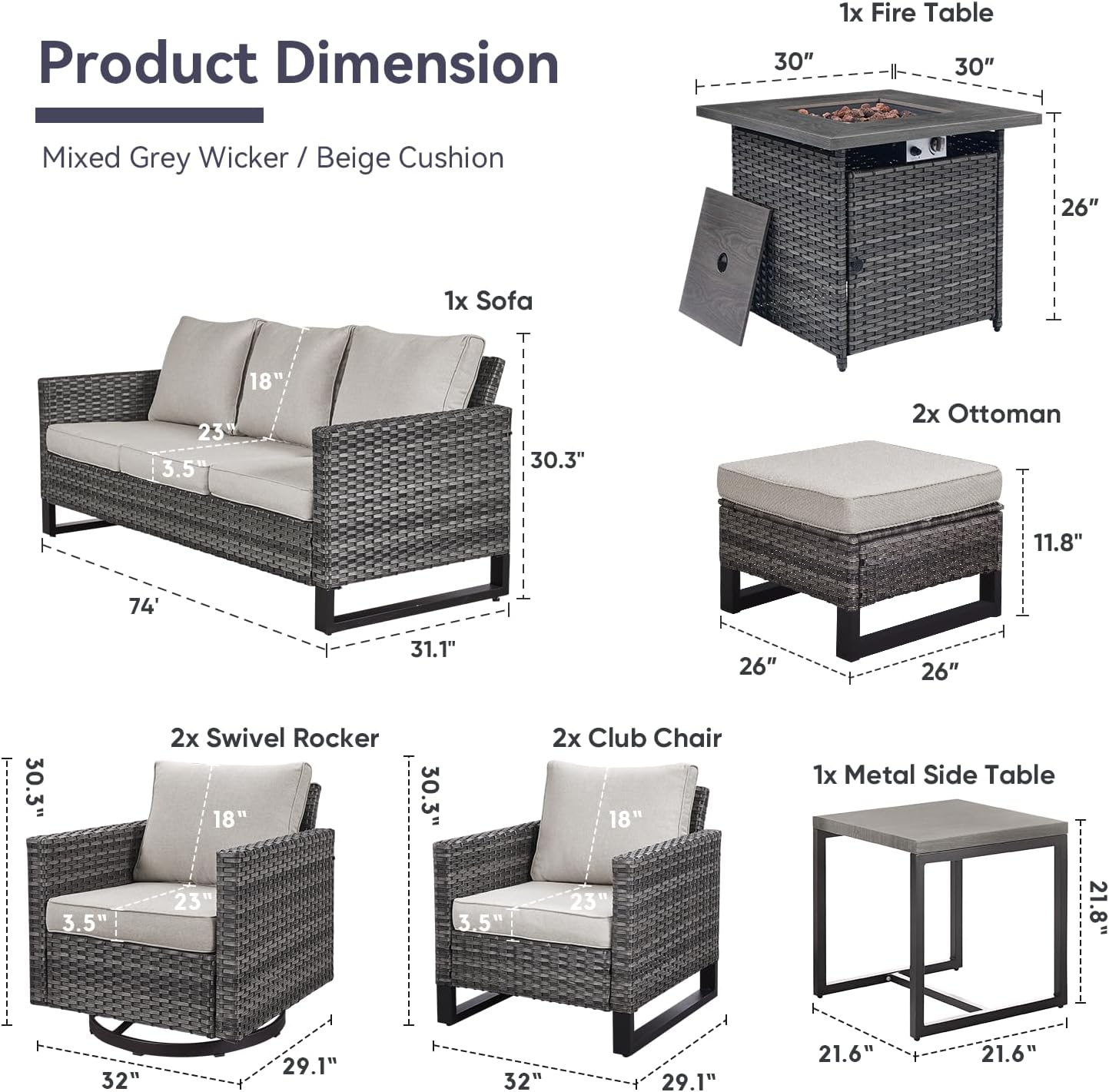 Patio Furniture 5 Piece Outdoor Sofa Set, Oversize Outdoor Dining Chairs with Rattan Ottomans, Conversation Sets Patio Furniture Come with Removable Washable