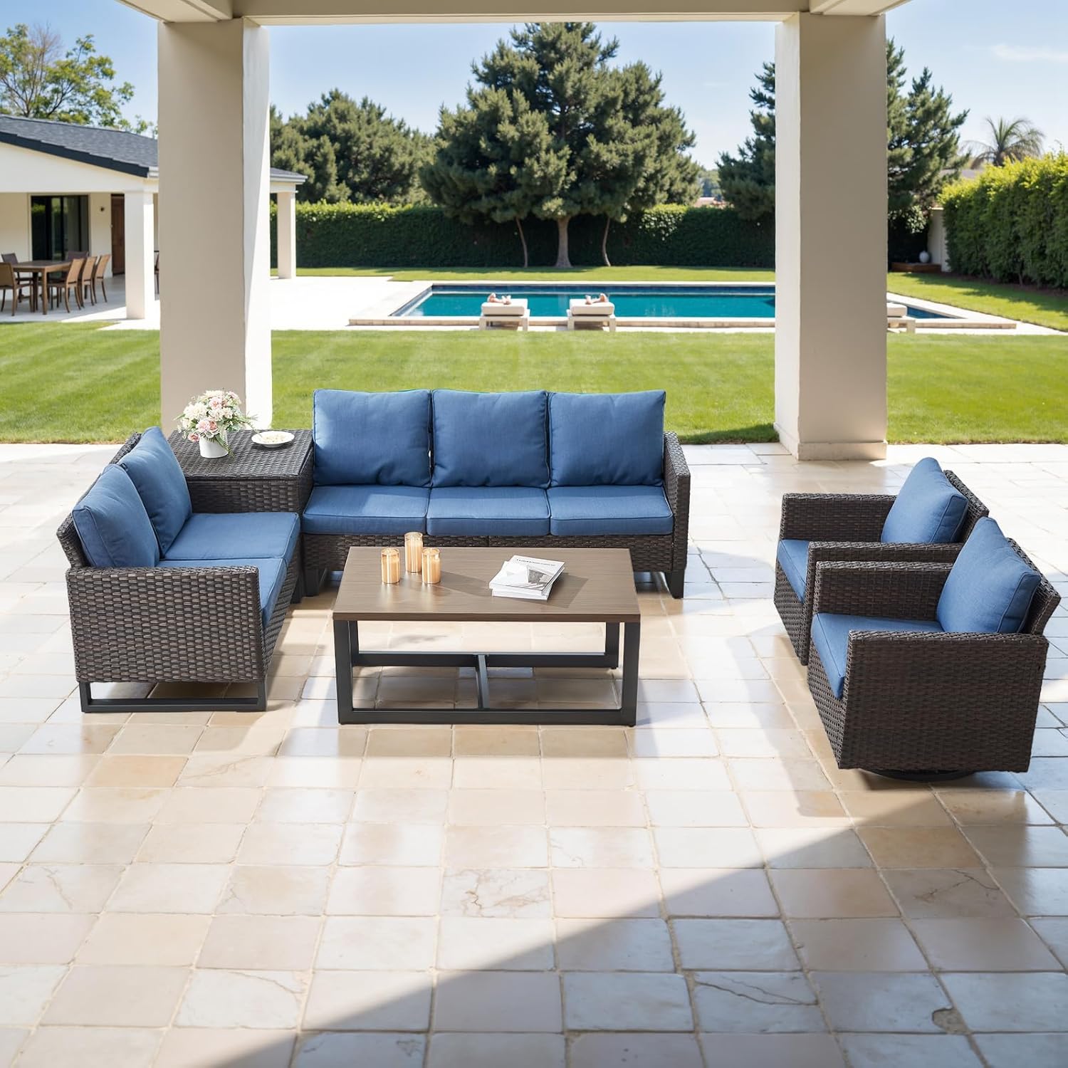 Patio Furniture 5 Piece Outdoor Sofa Set, Oversize Outdoor Dining Chairs with Rattan Ottomans, Conversation Sets Patio Furniture Come with Removable Washable