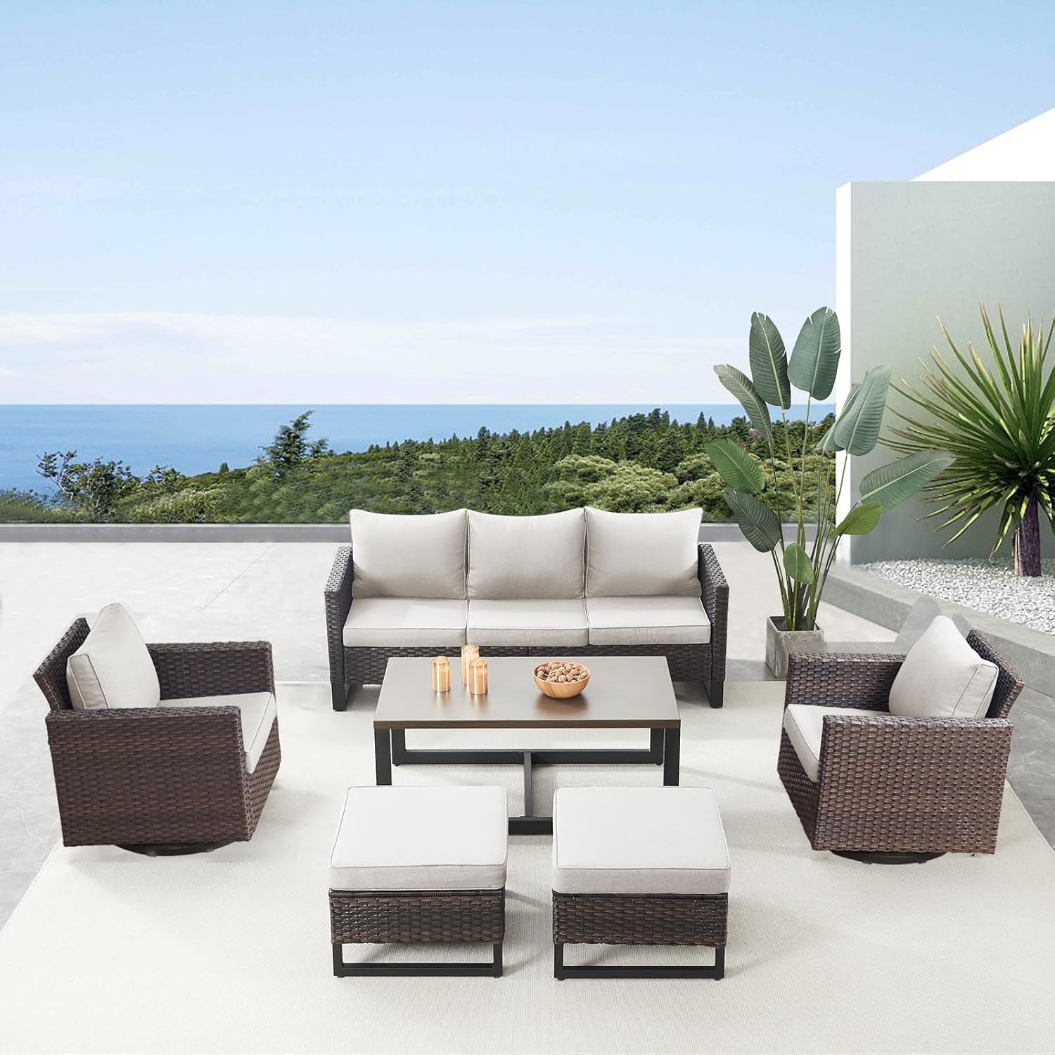 Patio Furniture 5 Piece Outdoor Sofa Set, Oversize Outdoor Dining Chairs with Rattan Ottomans, Conversation Sets Patio Furniture Come with Removable Washable