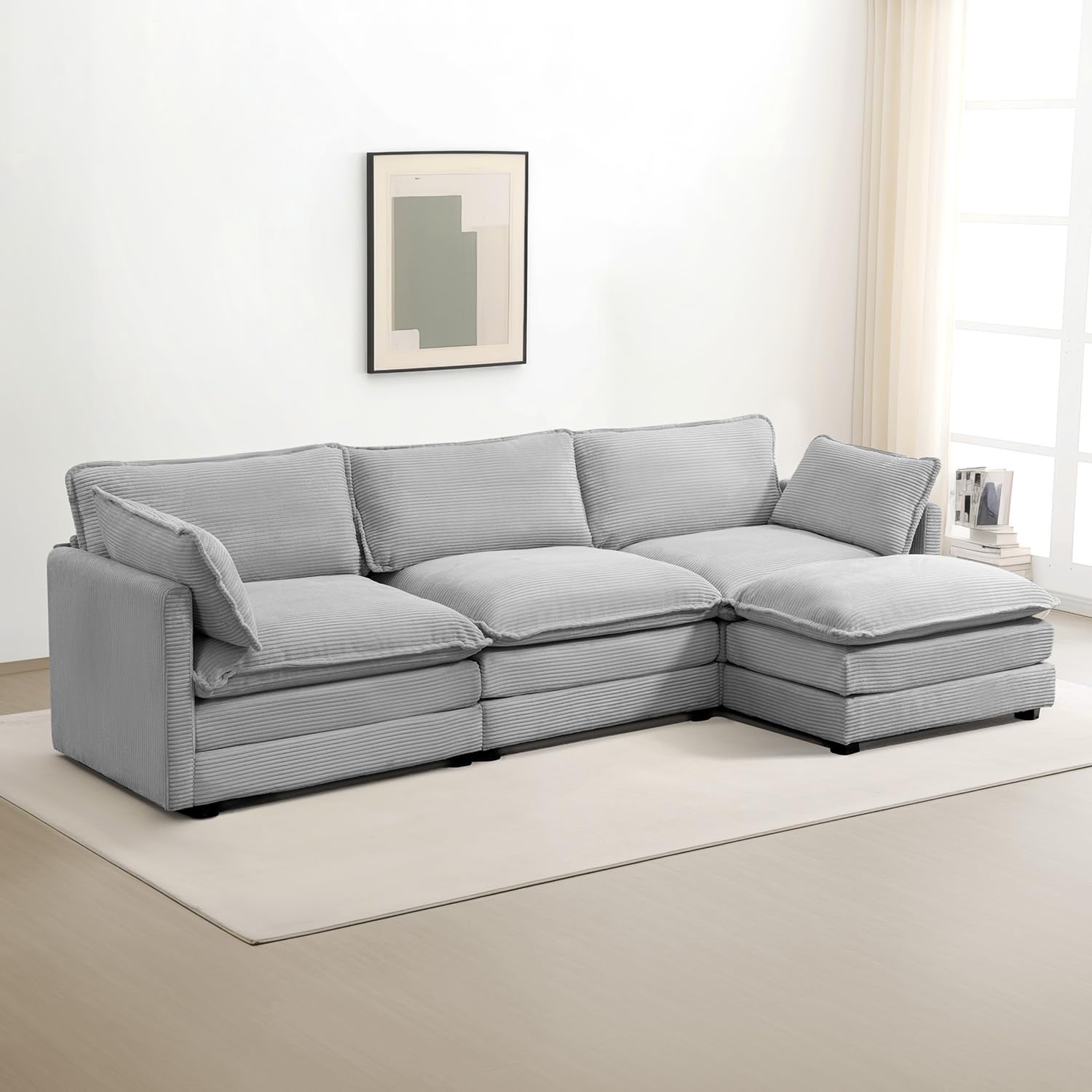 Oversized Modular Sectional Sofa with Movable Ottoman, 112 Inch 4 Seat Modern Corduroy Sofa Set, Convertible L Shaped Couch for Living Room and Office, Beige