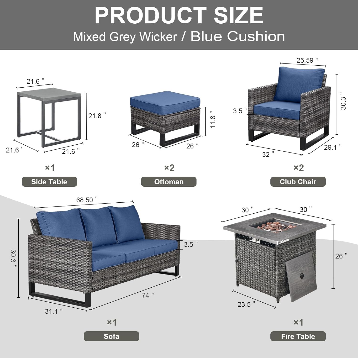 Patio Furniture 5 Piece Outdoor Sofa Set, Oversize Outdoor Dining Chairs with Rattan Ottomans, Conversation Sets Patio Furniture Come with Removable Washable