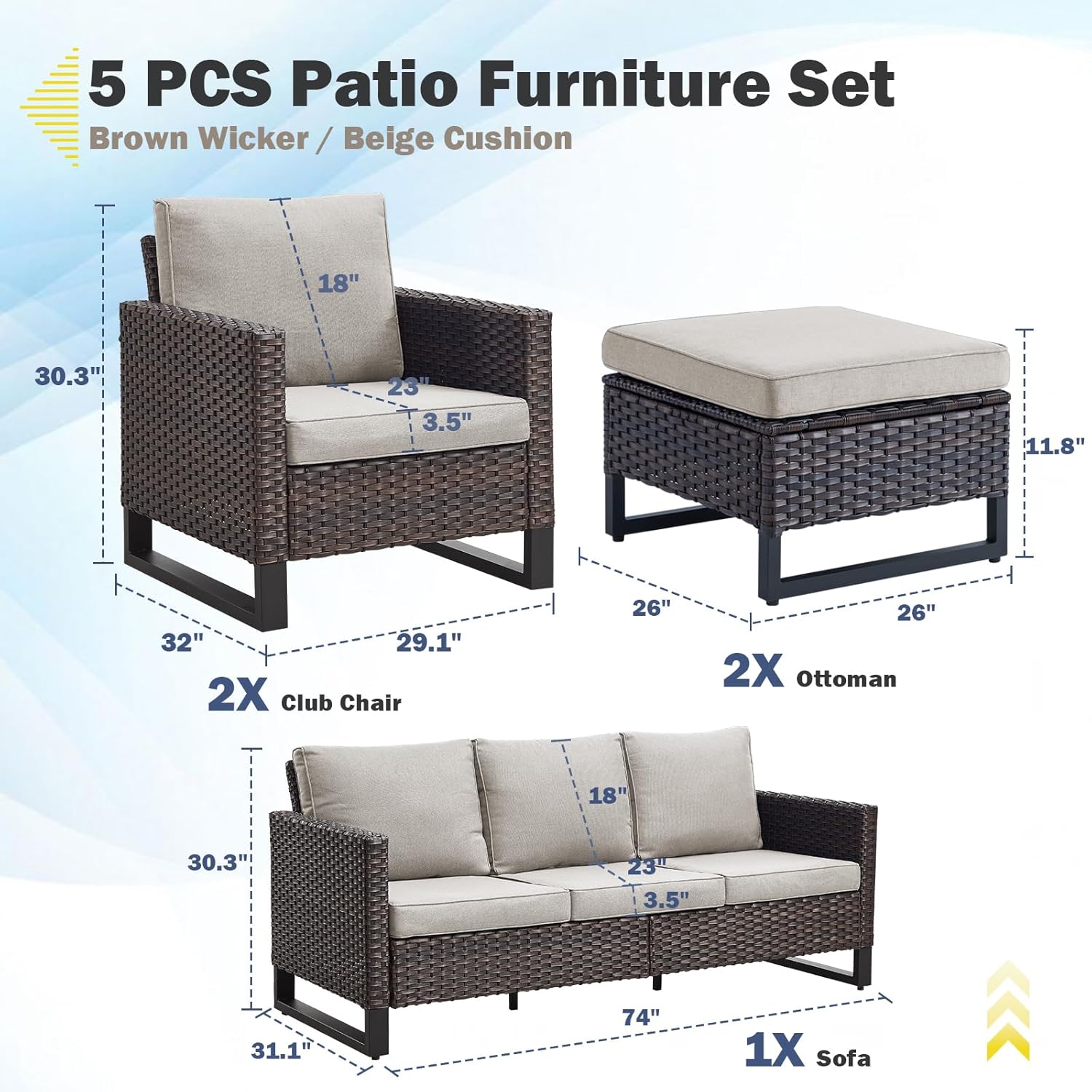 Patio Furniture 5 Piece Outdoor Sofa Set, Oversize Outdoor Dining Chairs with Rattan Ottomans, Conversation Sets Patio Furniture Come with Removable Washable