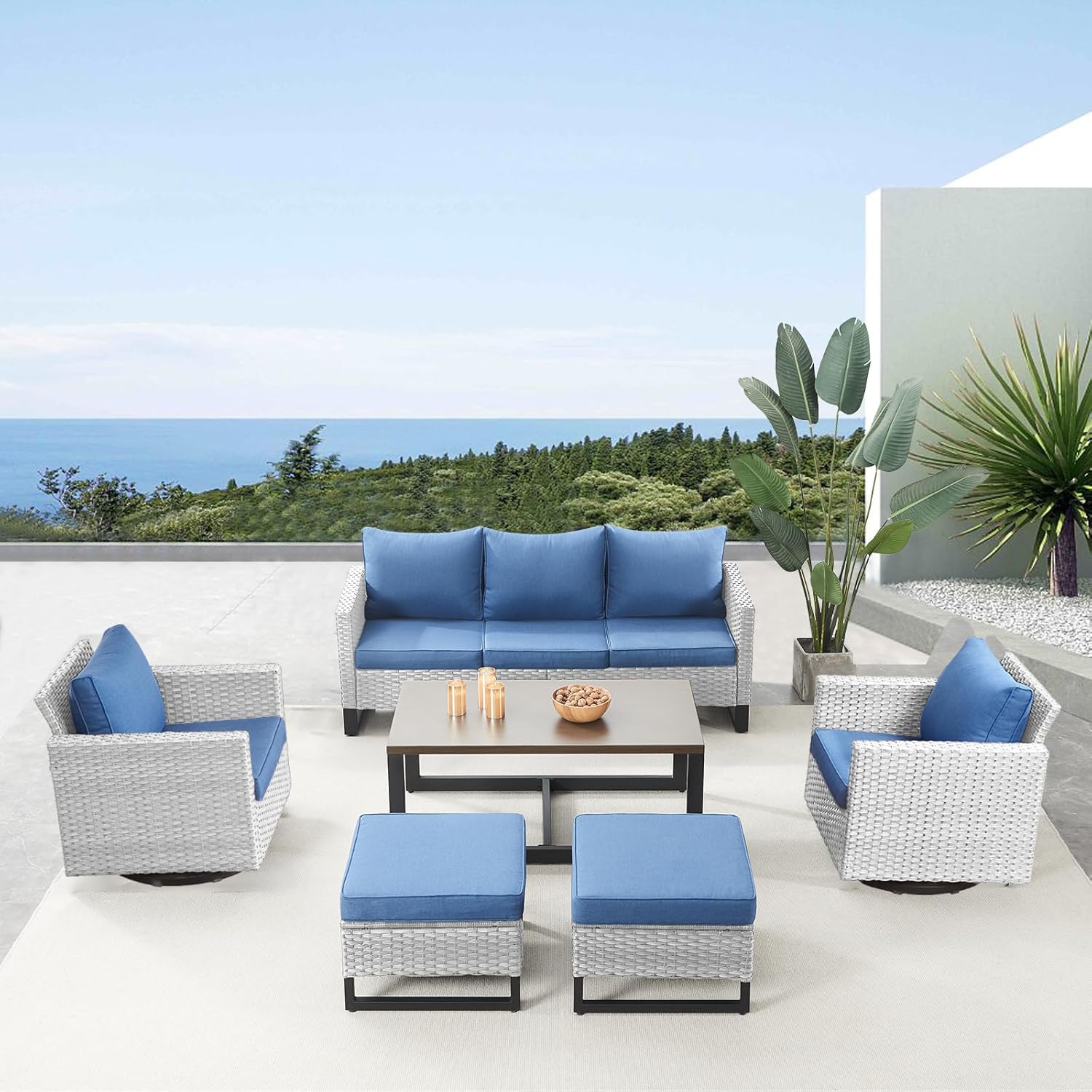 Patio Furniture 5 Piece Outdoor Sofa Set, Oversize Outdoor Dining Chairs with Rattan Ottomans, Conversation Sets Patio Furniture Come with Removable Washable