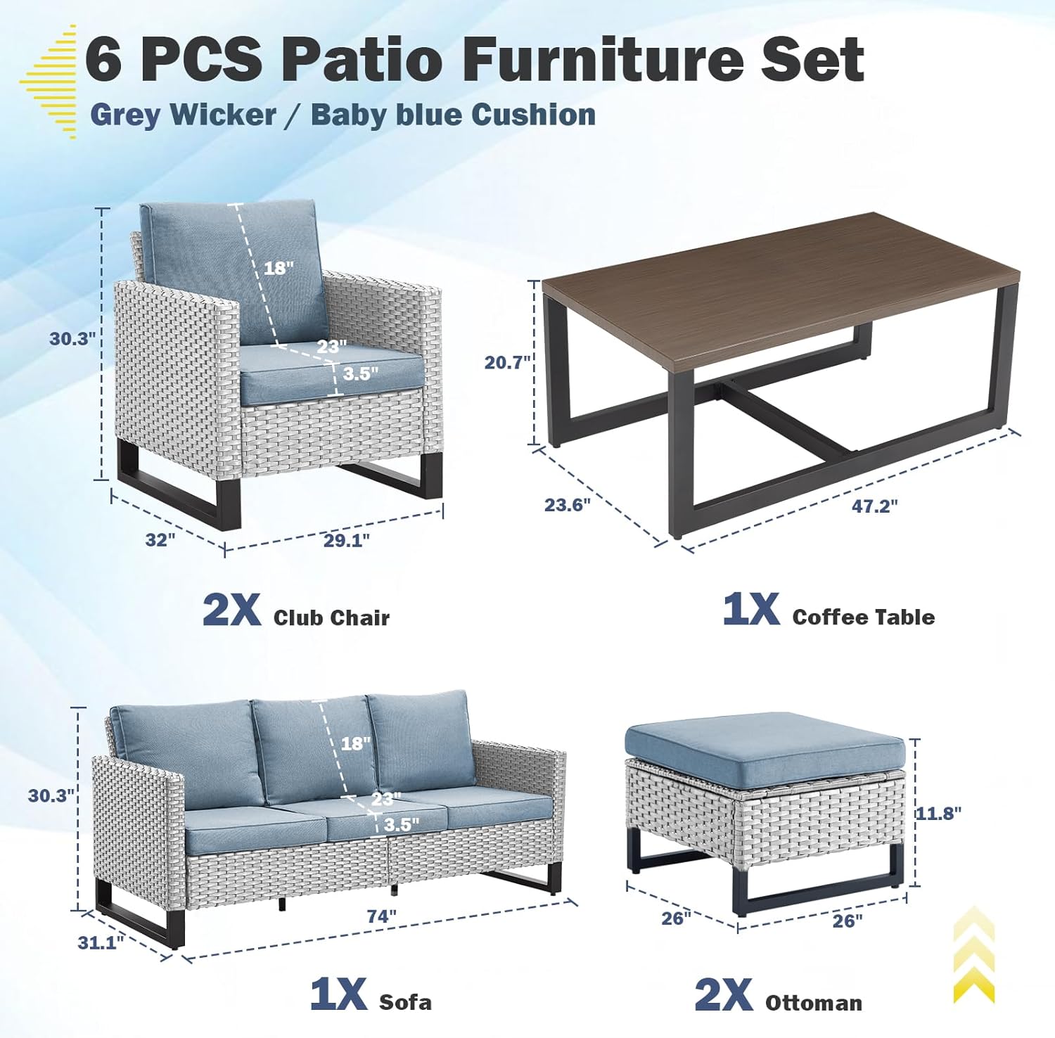 Patio Furniture 5 Piece Outdoor Sofa Set, Oversize Outdoor Dining Chairs with Rattan Ottomans, Conversation Sets Patio Furniture Come with Removable Washable