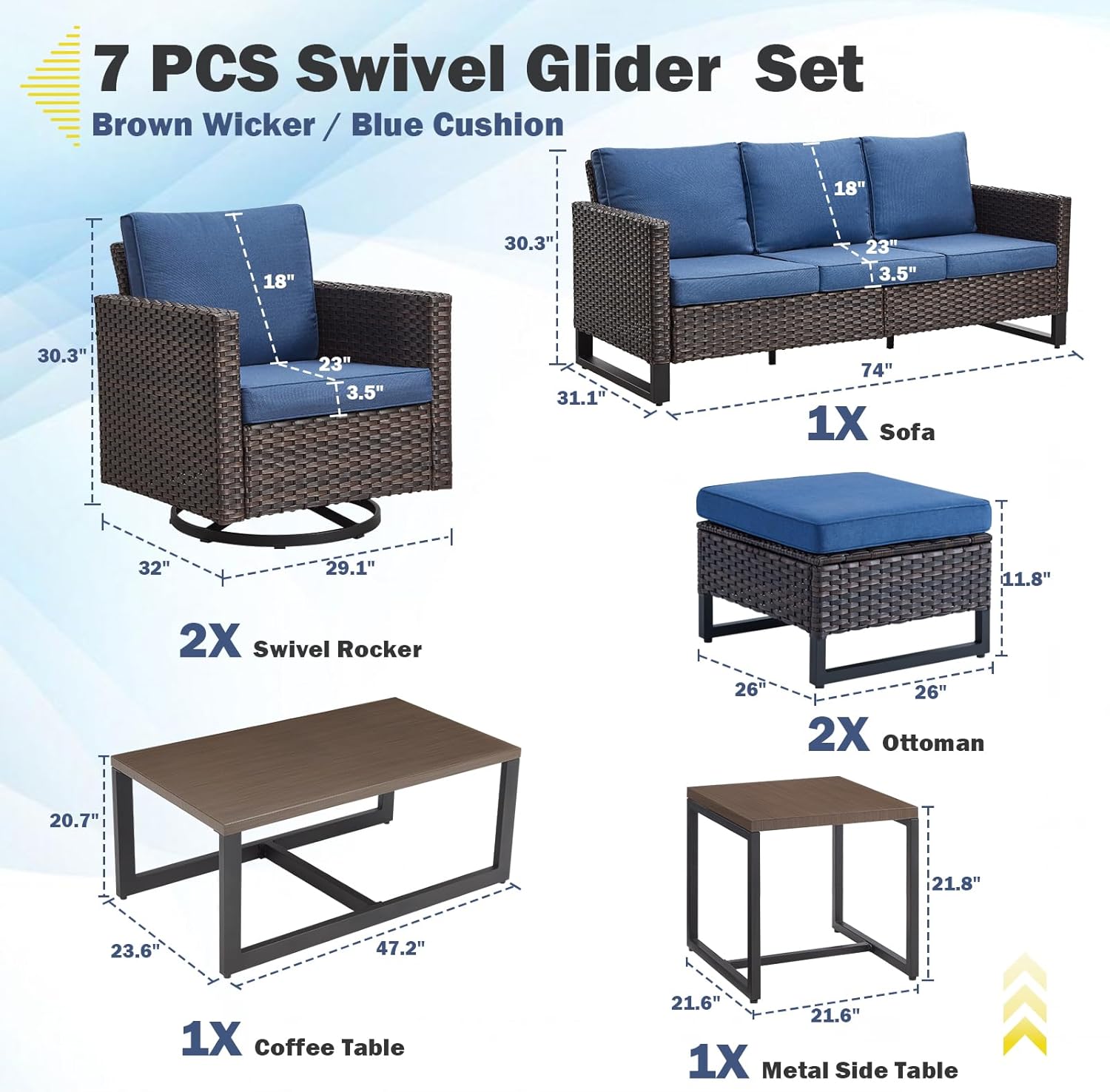 Patio Furniture 5 Piece Outdoor Sofa Set, Oversize Outdoor Dining Chairs with Rattan Ottomans, Conversation Sets Patio Furniture Come with Removable Washable