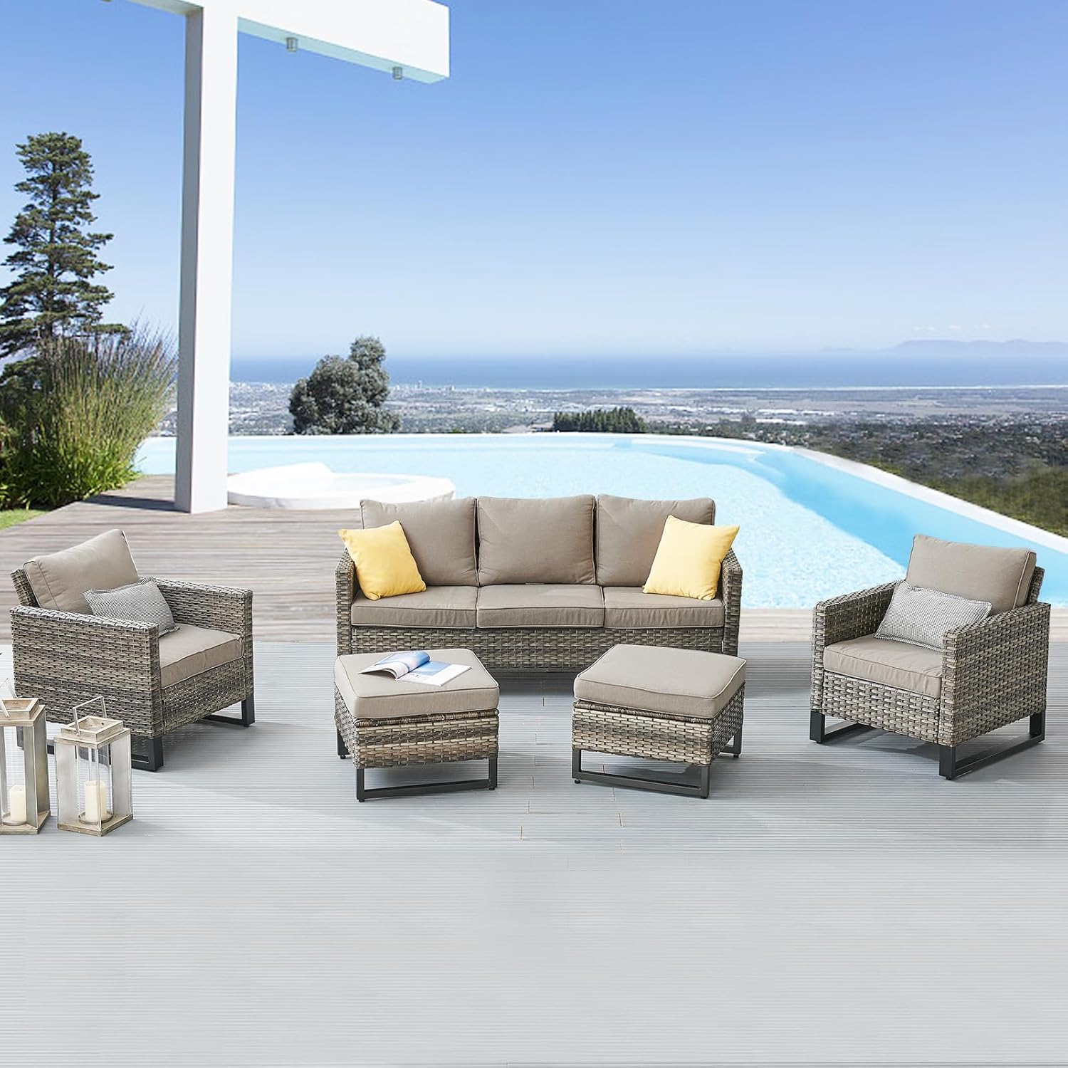 Patio Furniture 5 Piece Outdoor Sofa Set, Oversize Outdoor Dining Chairs with Rattan Ottomans, Conversation Sets Patio Furniture Come with Removable Washable