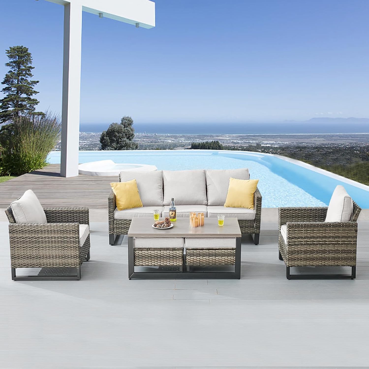 Patio Furniture 5 Piece Outdoor Sofa Set, Oversize Outdoor Dining Chairs with Rattan Ottomans, Conversation Sets Patio Furniture Come with Removable Washable