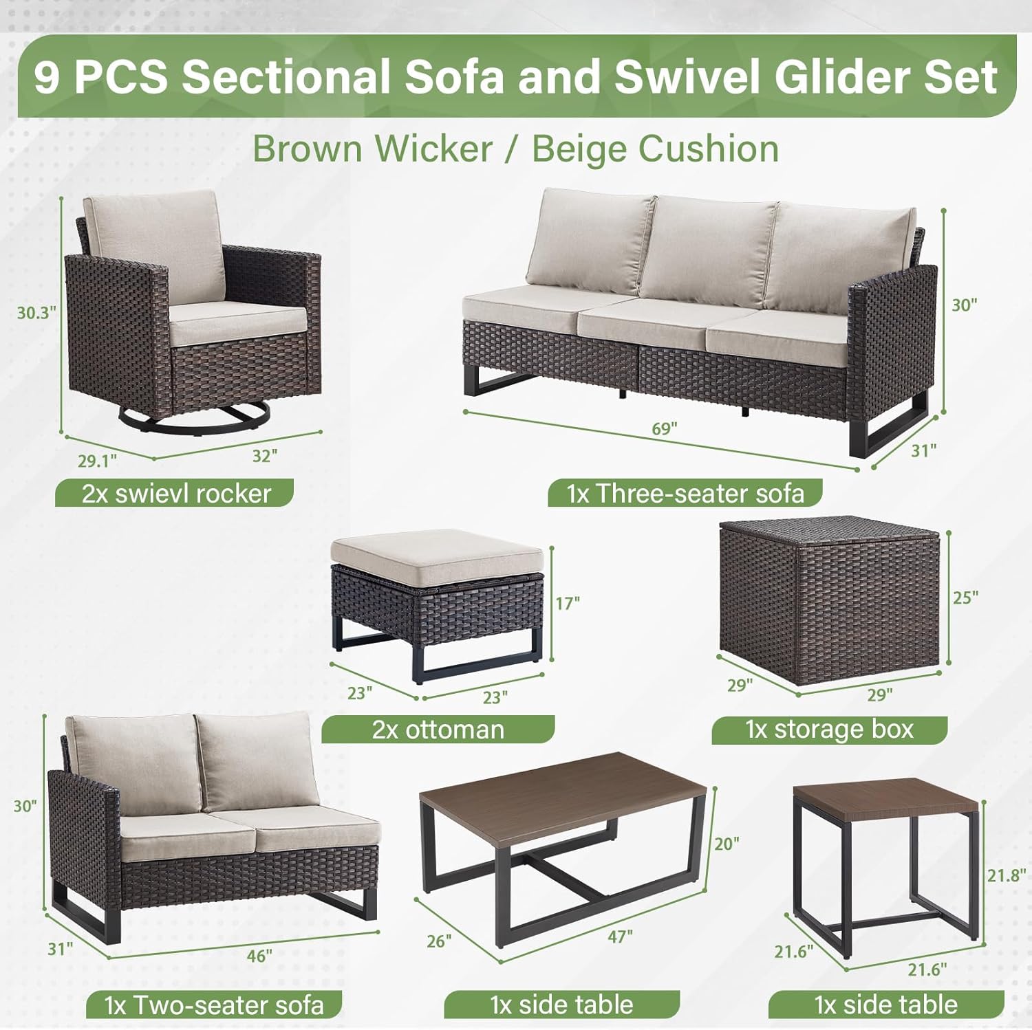 Patio Furniture 5 Piece Outdoor Sofa Set, Oversize Outdoor Dining Chairs with Rattan Ottomans, Conversation Sets Patio Furniture Come with Removable Washable