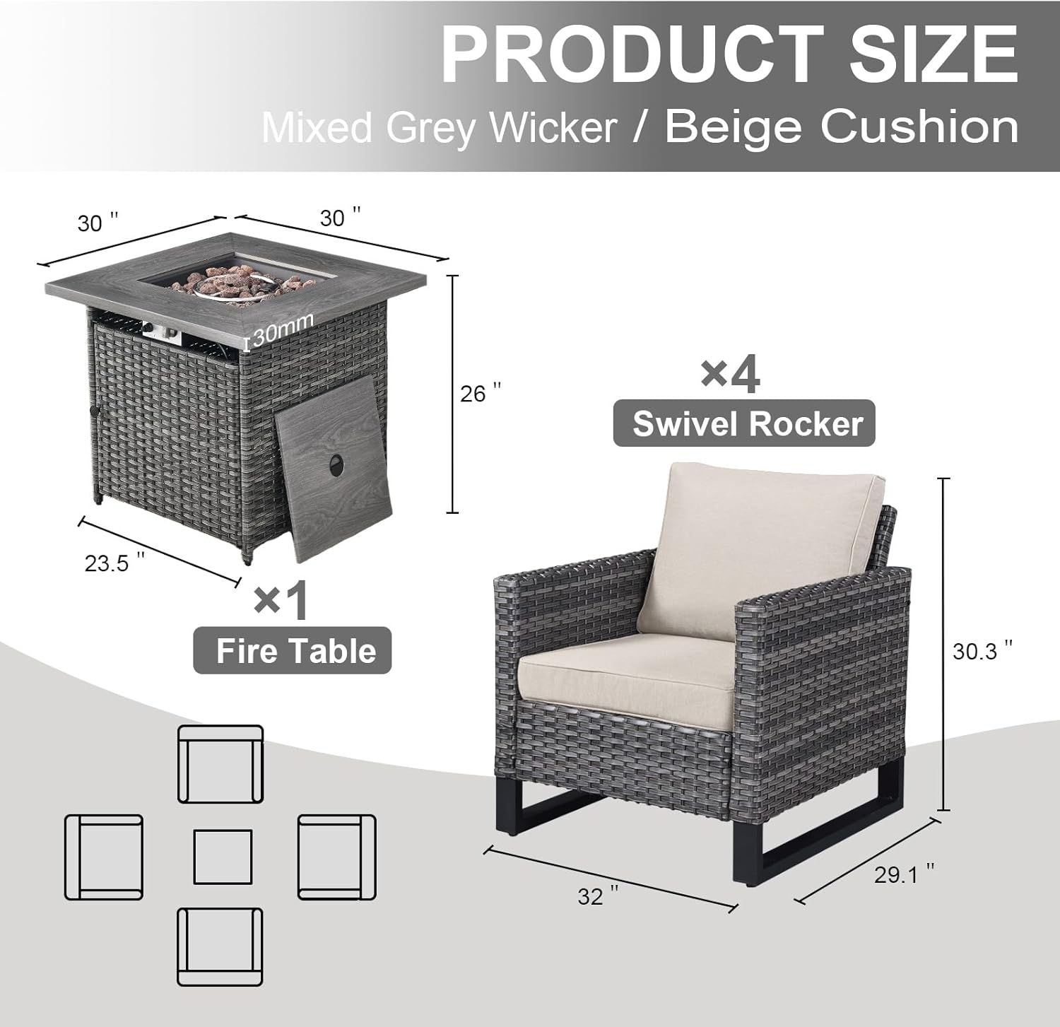 Patio Furniture 5 Piece Outdoor Sofa Set, Oversize Outdoor Dining Chairs with Rattan Ottomans, Conversation Sets Patio Furniture Come with Removable Washable