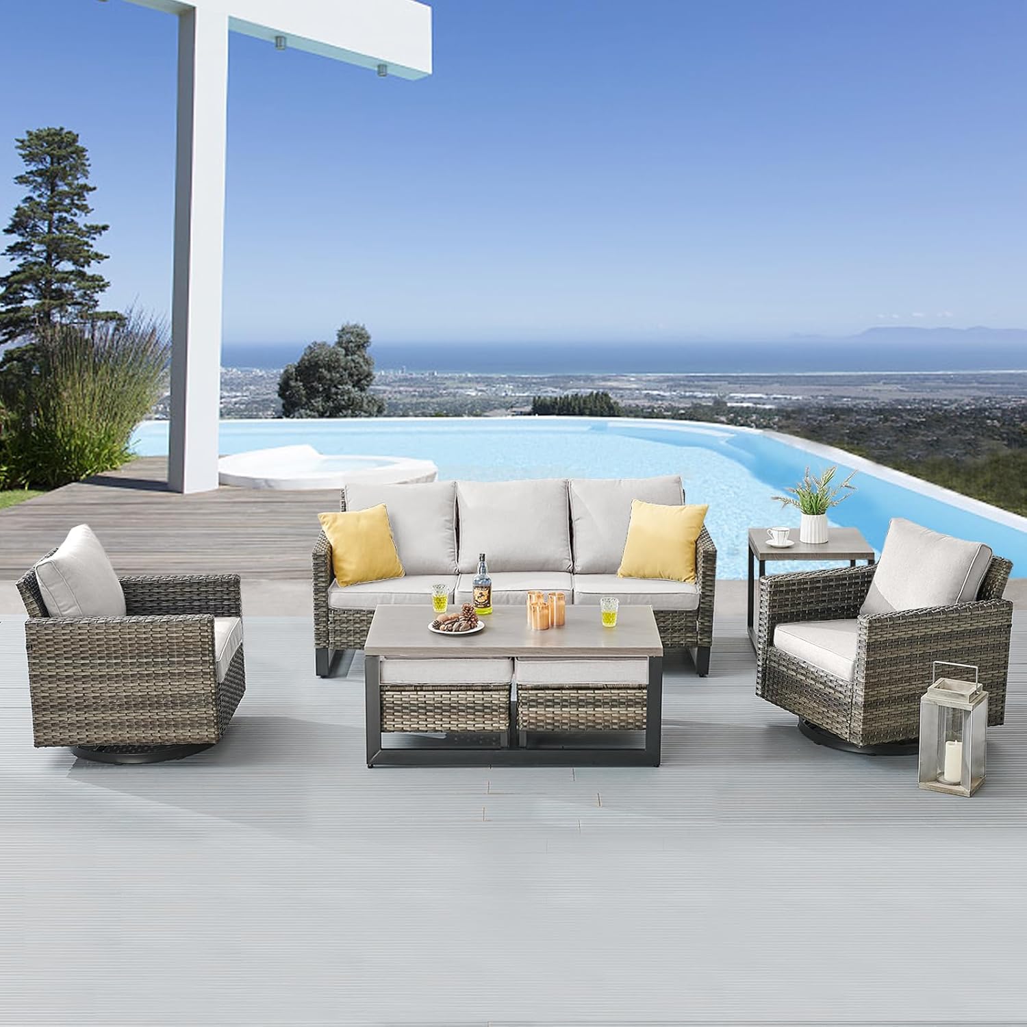 Patio Furniture 5 Piece Outdoor Sofa Set, Oversize Outdoor Dining Chairs with Rattan Ottomans, Conversation Sets Patio Furniture Come with Removable Washable