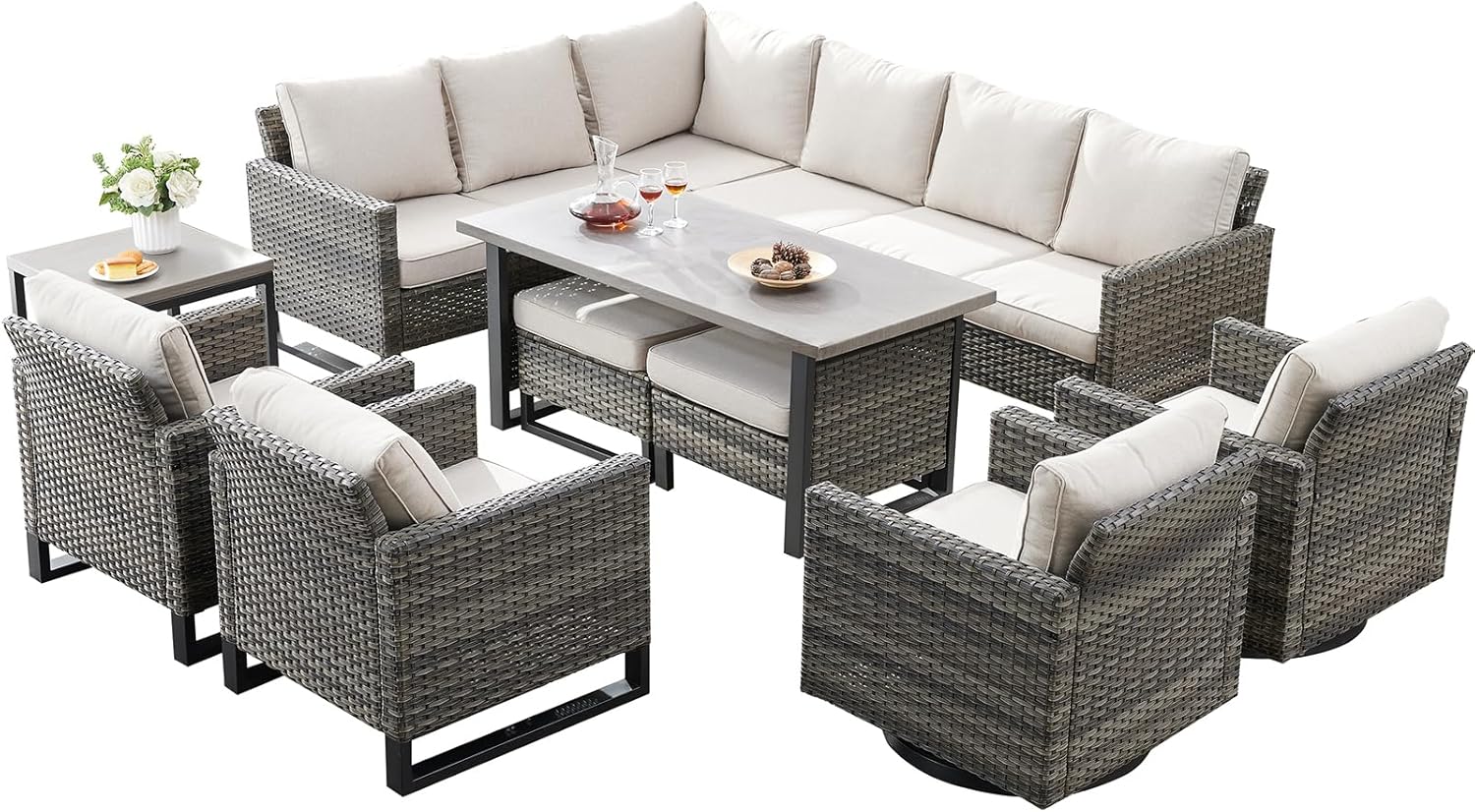 Patio Furniture 5 Piece Outdoor Sofa Set, Oversize Outdoor Dining Chairs with Rattan Ottomans, Conversation Sets Patio Furniture Come with Removable Washable
