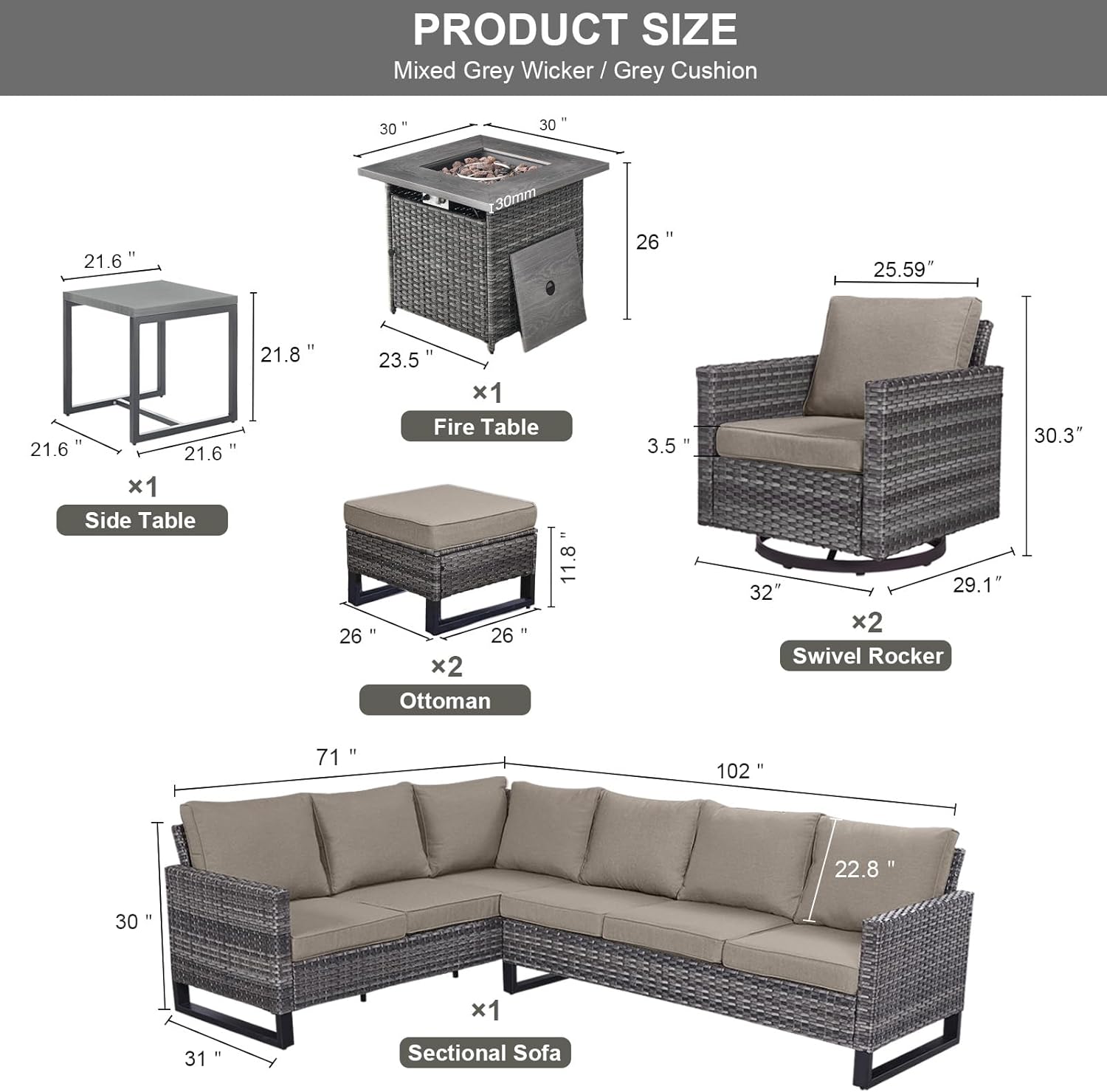 Patio Furniture 5 Piece Outdoor Sofa Set, Oversize Outdoor Dining Chairs with Rattan Ottomans, Conversation Sets Patio Furniture Come with Removable Washable