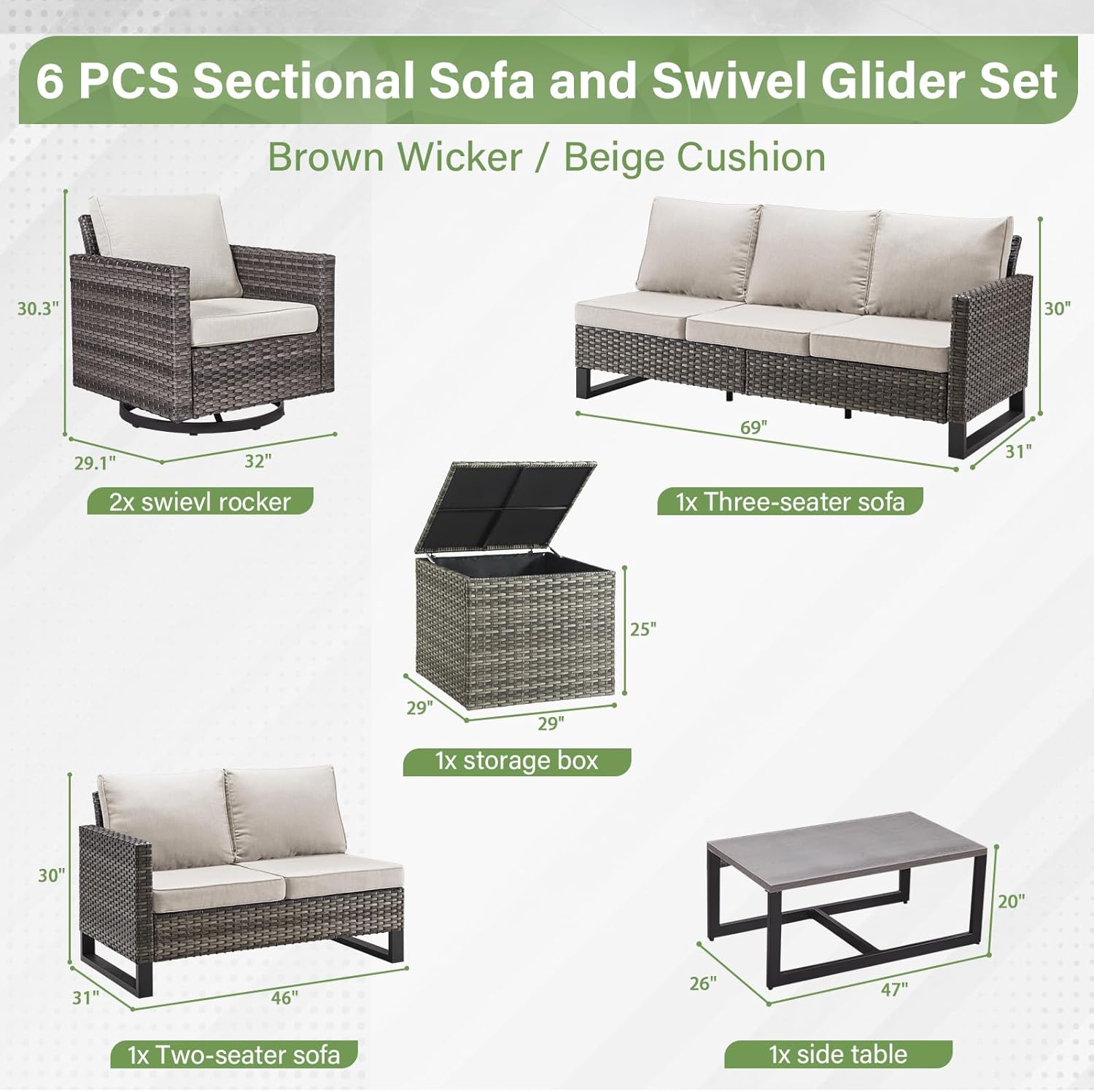 Patio Furniture 5 Piece Outdoor Sofa Set, Oversize Outdoor Dining Chairs with Rattan Ottomans, Conversation Sets Patio Furniture Come with Removable Washable