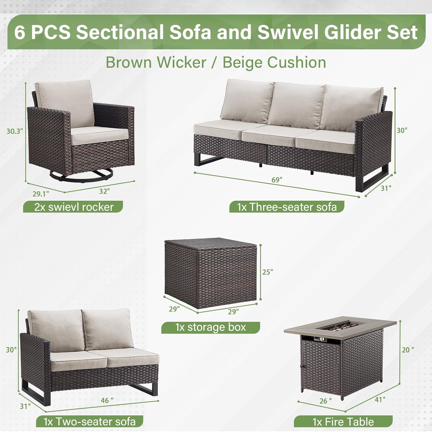 Patio Furniture 5 Piece Outdoor Sofa Set, Oversize Outdoor Dining Chairs with Rattan Ottomans, Conversation Sets Patio Furniture Come with Removable Washable