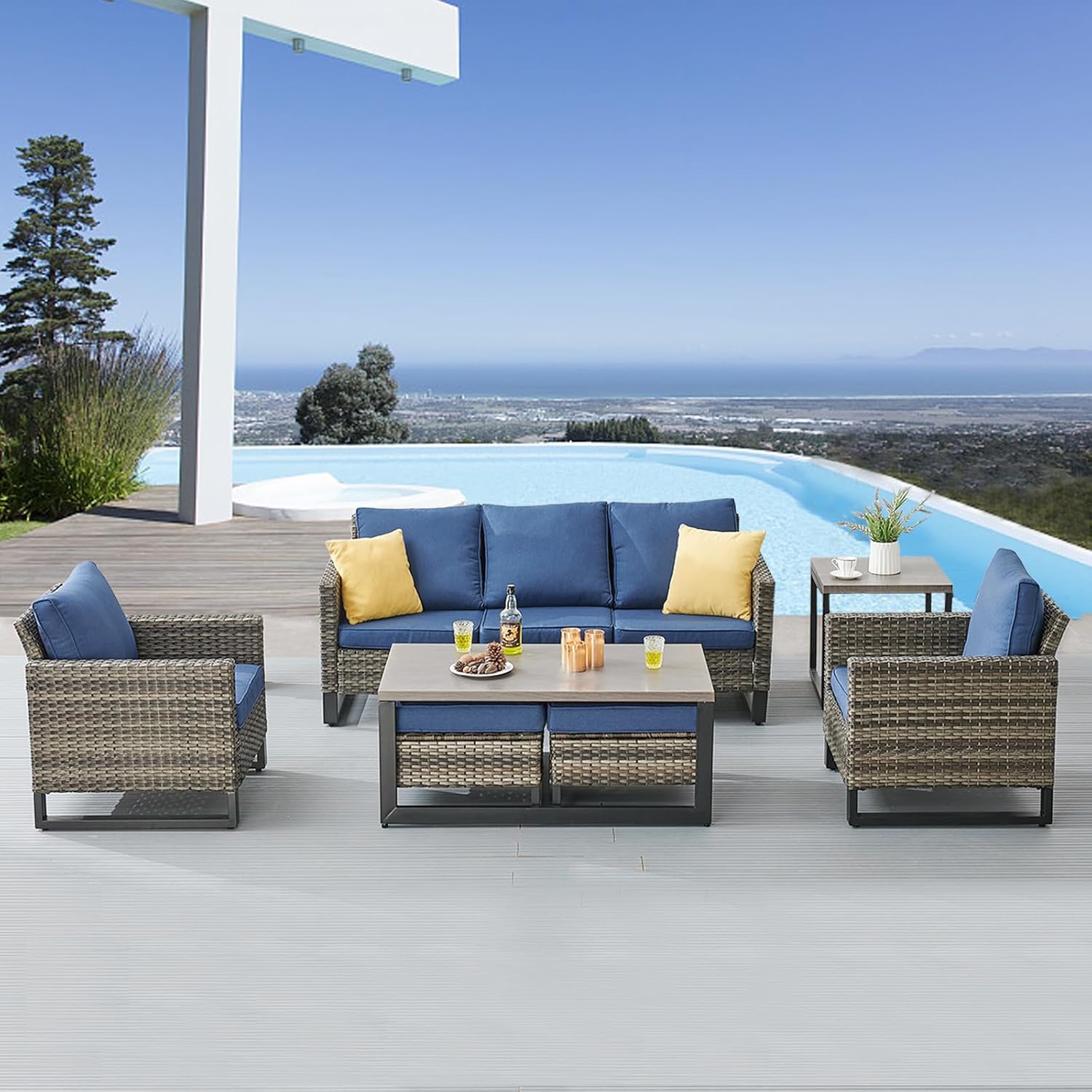 Patio Furniture 5 Piece Outdoor Sofa Set, Oversize Outdoor Dining Chairs with Rattan Ottomans, Conversation Sets Patio Furniture Come with Removable Washable