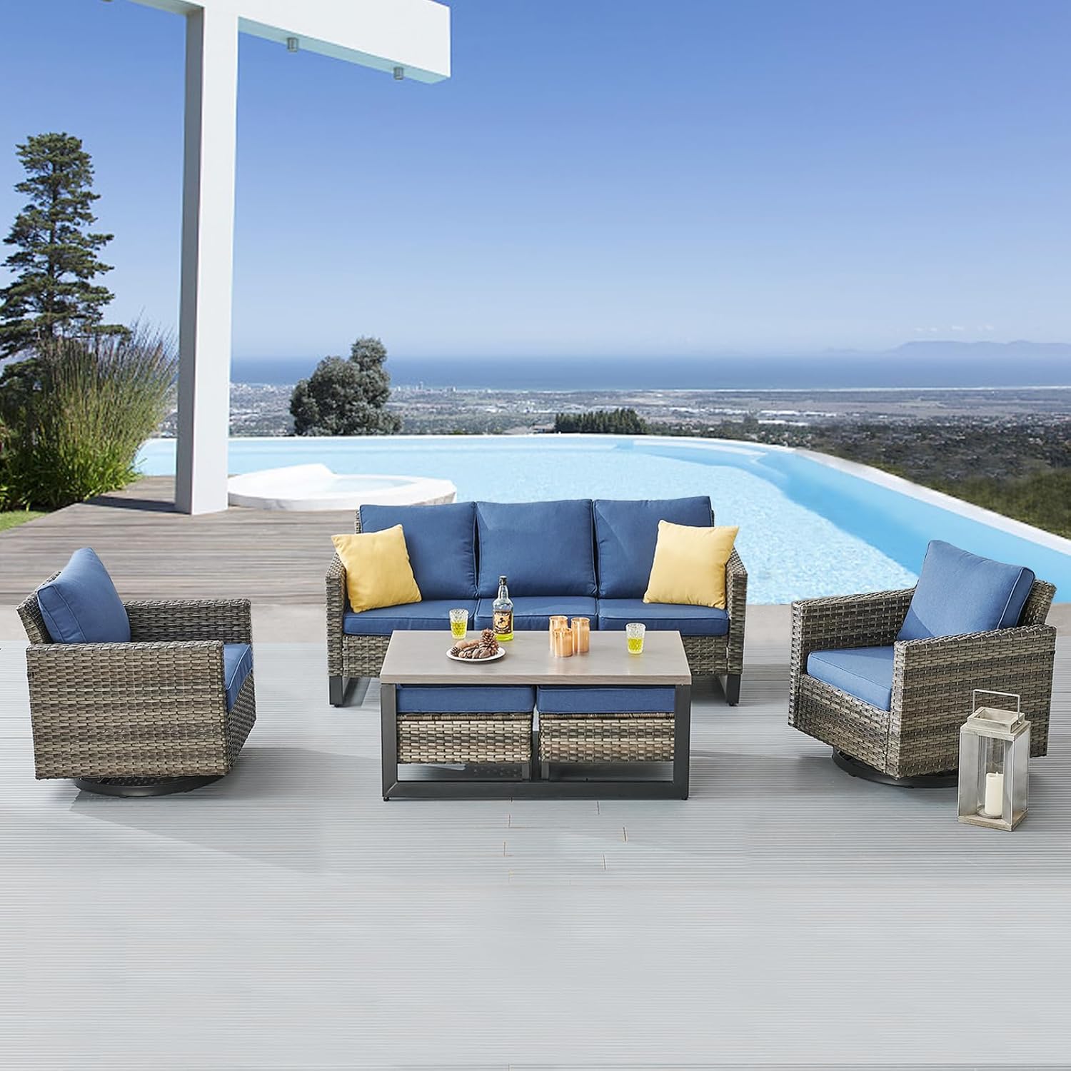 Patio Furniture 5 Piece Outdoor Sofa Set, Oversize Outdoor Dining Chairs with Rattan Ottomans, Conversation Sets Patio Furniture Come with Removable Washable