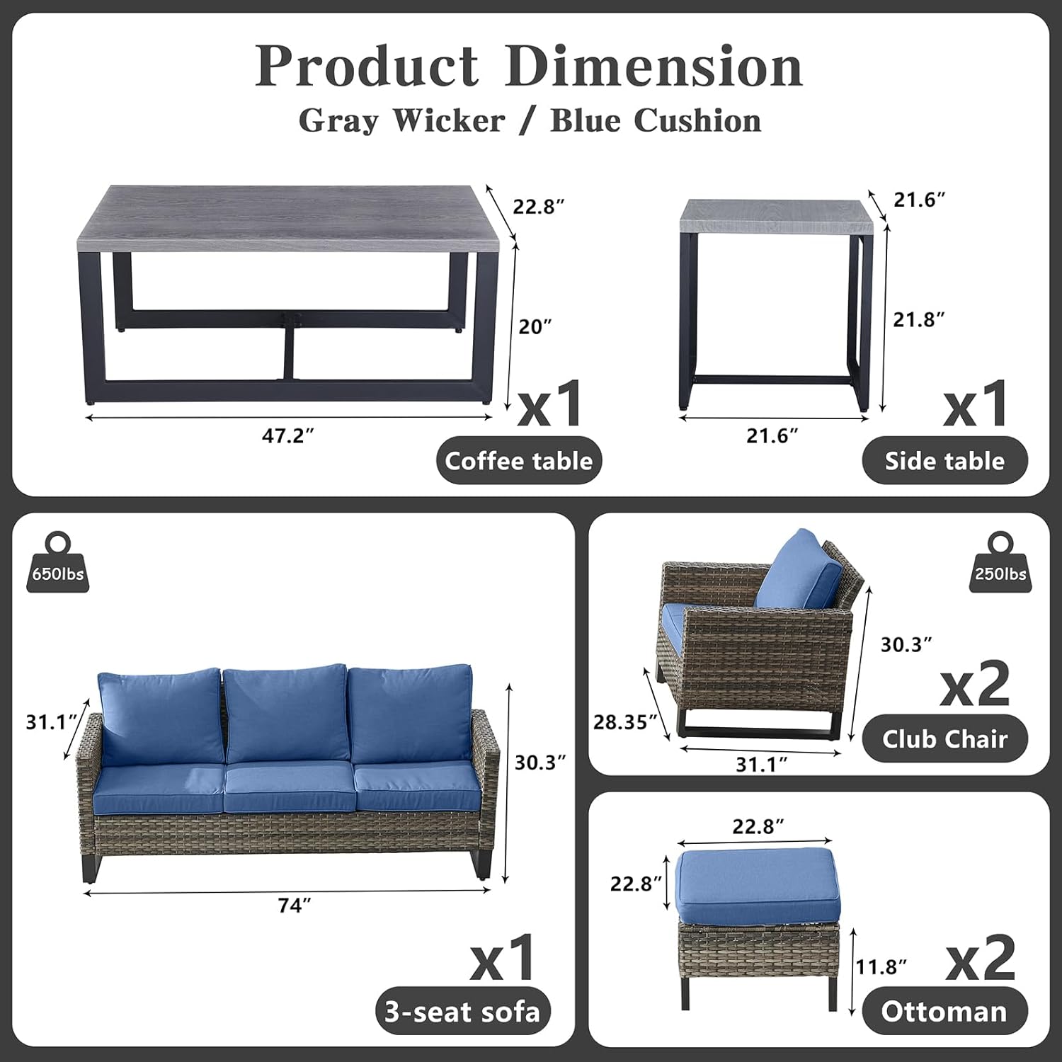 Patio Furniture 5 Piece Outdoor Sofa Set, Oversize Outdoor Dining Chairs with Rattan Ottomans, Conversation Sets Patio Furniture Come with Removable Washable