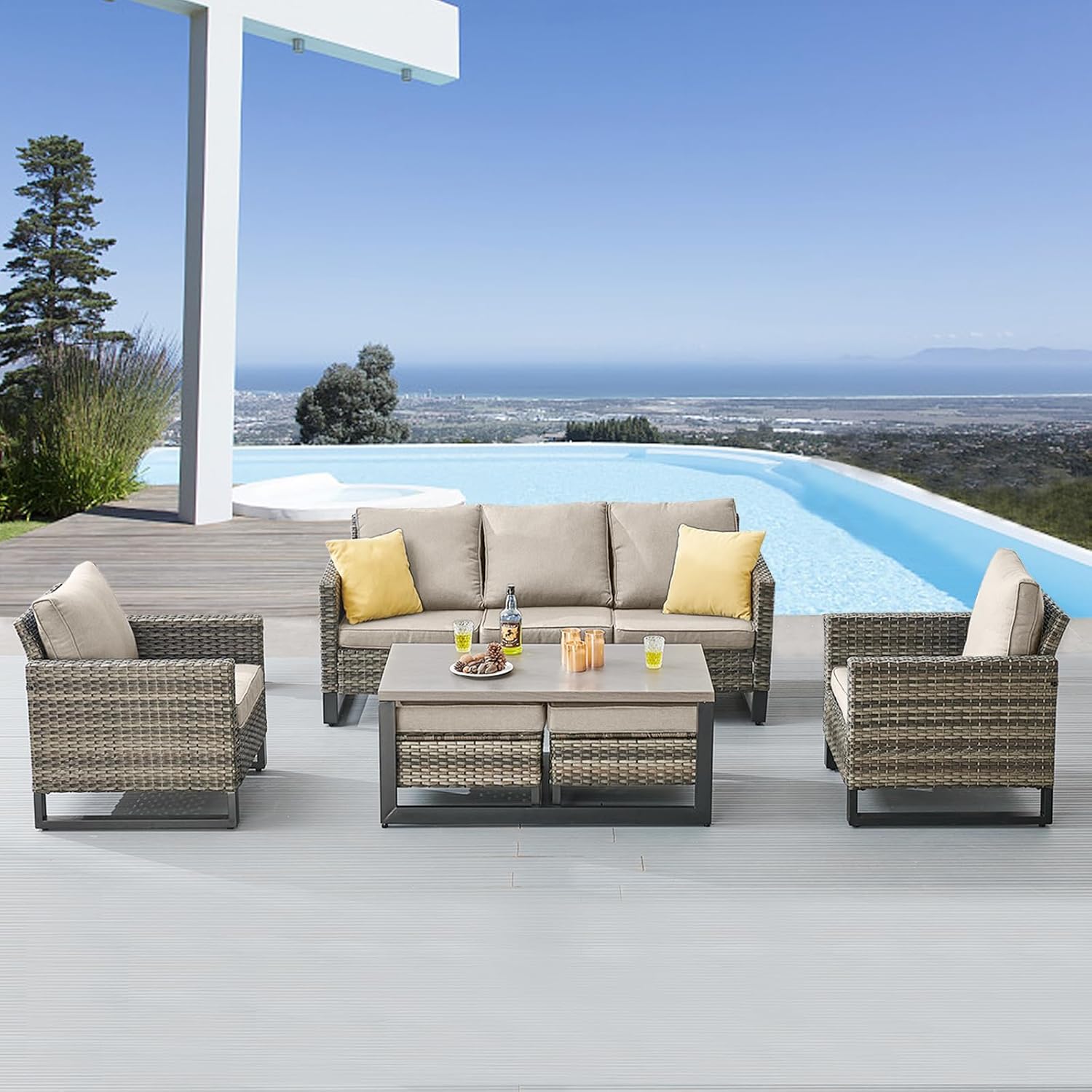 Patio Furniture 5 Piece Outdoor Sofa Set, Oversize Outdoor Dining Chairs with Rattan Ottomans, Conversation Sets Patio Furniture Come with Removable Washable