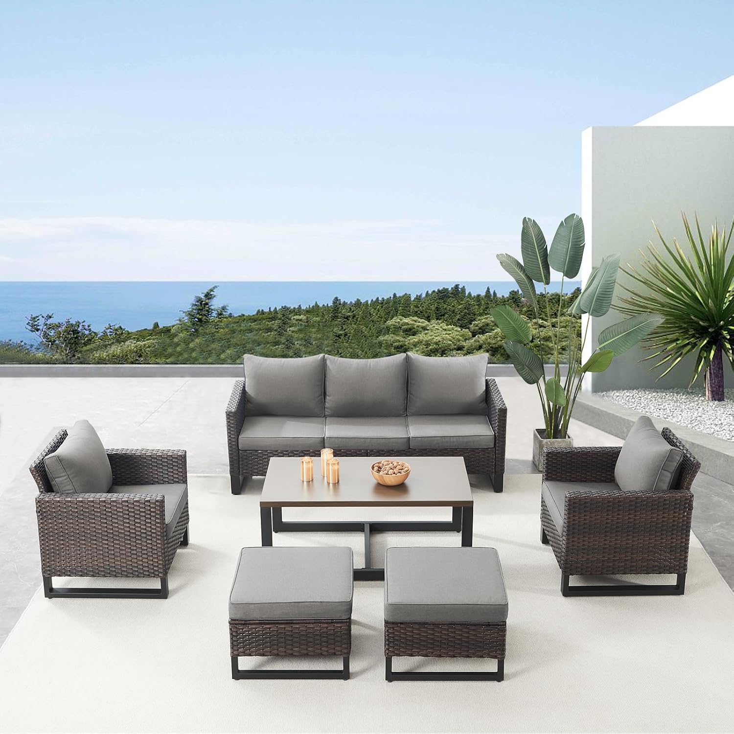 Patio Furniture 5 Piece Outdoor Sofa Set, Oversize Outdoor Dining Chairs with Rattan Ottomans, Conversation Sets Patio Furniture Come with Removable Washable
