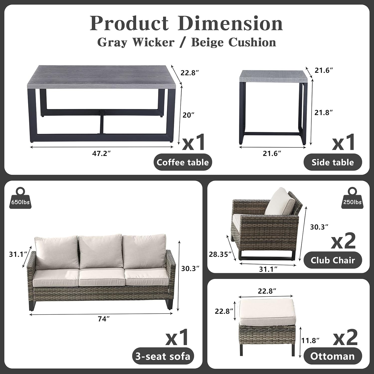Patio Furniture 5 Piece Outdoor Sofa Set, Oversize Outdoor Dining Chairs with Rattan Ottomans, Conversation Sets Patio Furniture Come with Removable Washable