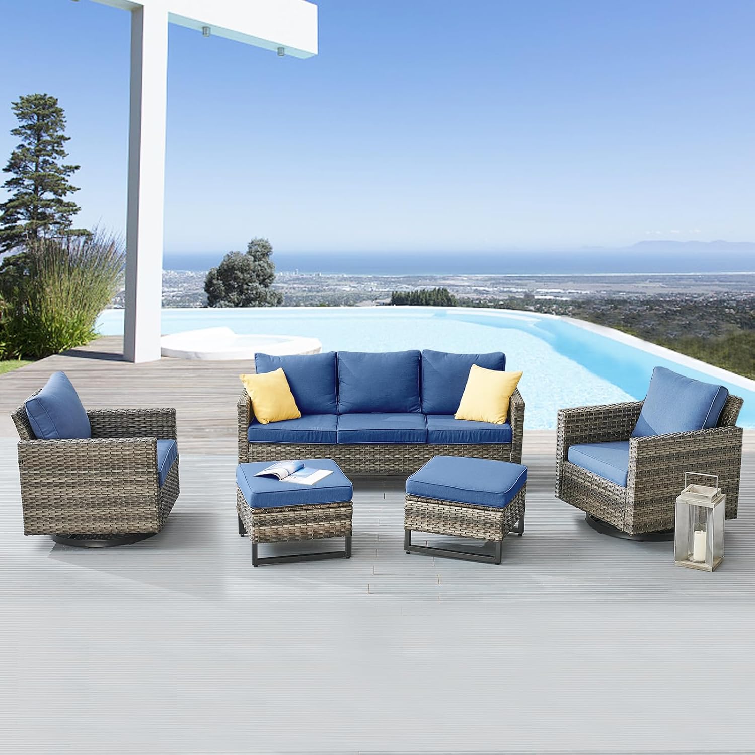 Patio Furniture 5 Piece Outdoor Sofa Set, Oversize Outdoor Dining Chairs with Rattan Ottomans, Conversation Sets Patio Furniture Come with Removable Washable