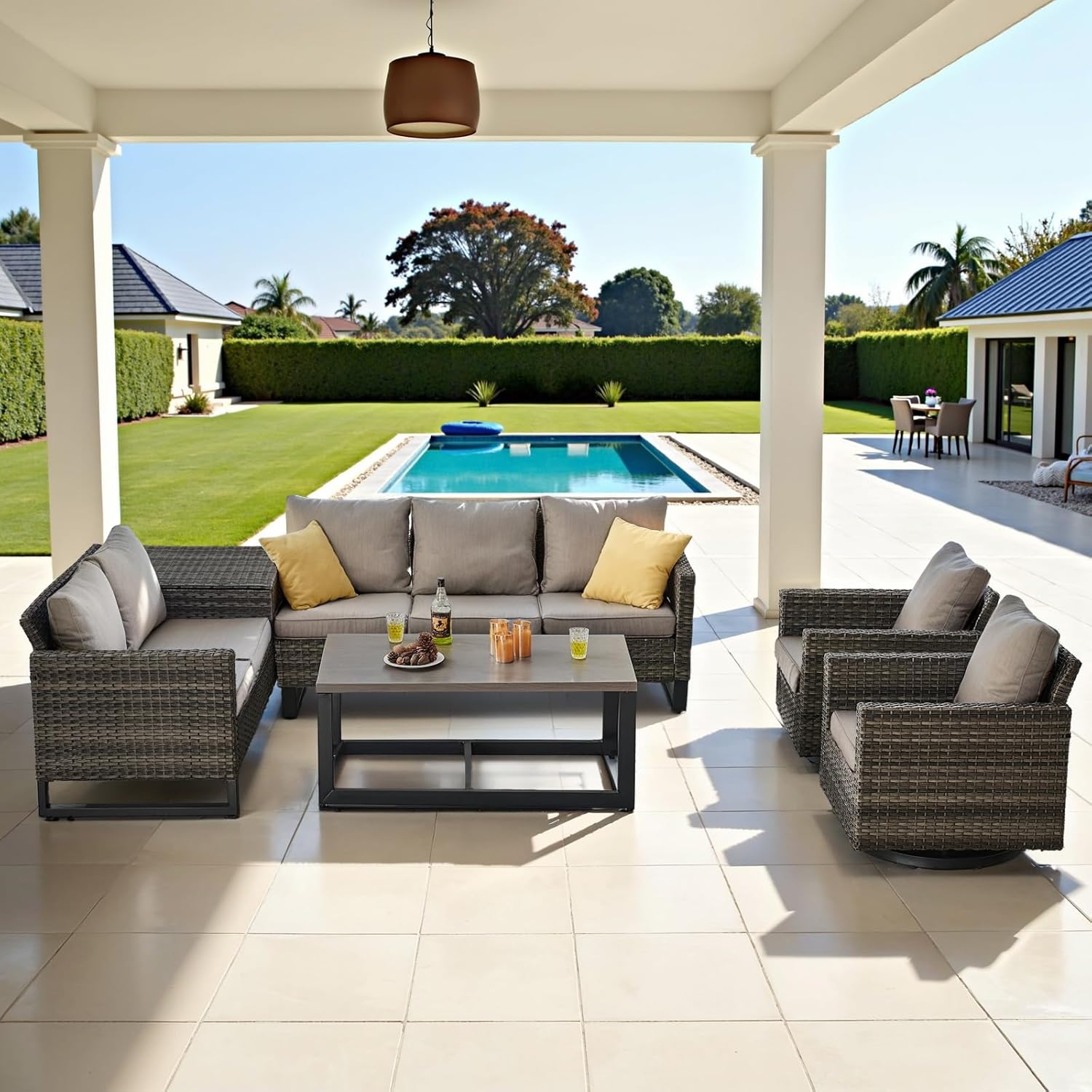 Patio Furniture 5 Piece Outdoor Sofa Set, Oversize Outdoor Dining Chairs with Rattan Ottomans, Conversation Sets Patio Furniture Come with Removable Washable
