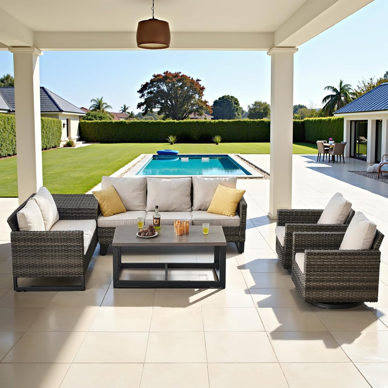 Patio Furniture 5 Piece Outdoor Sofa Set, Oversize Outdoor Dining Chairs with Rattan Ottomans, Conversation Sets Patio Furniture Come with Removable Washable