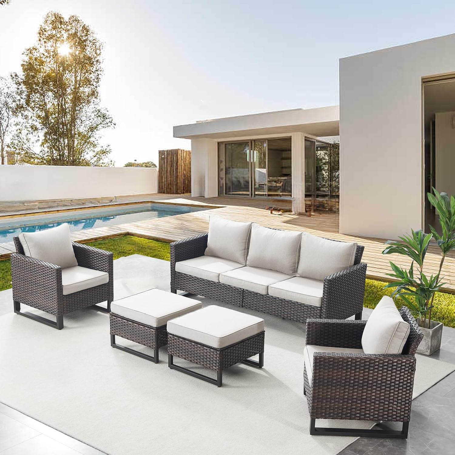 Patio Furniture 5 Piece Outdoor Sofa Set, Oversize Outdoor Dining Chairs with Rattan Ottomans, Conversation Sets Patio Furniture Come with Removable Washable