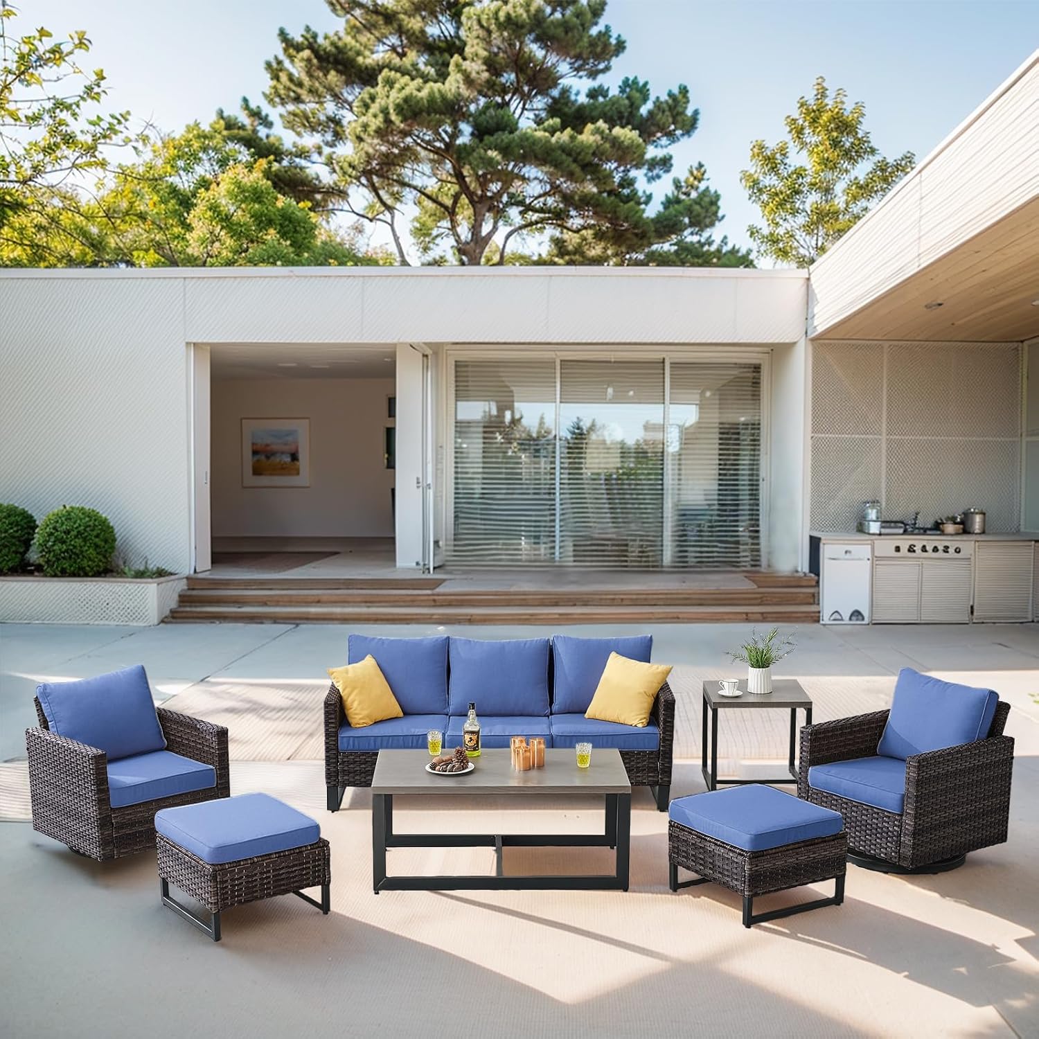 Patio Furniture 5 Piece Outdoor Sofa Set, Oversize Outdoor Dining Chairs with Rattan Ottomans, Conversation Sets Patio Furniture Come with Removable Washable