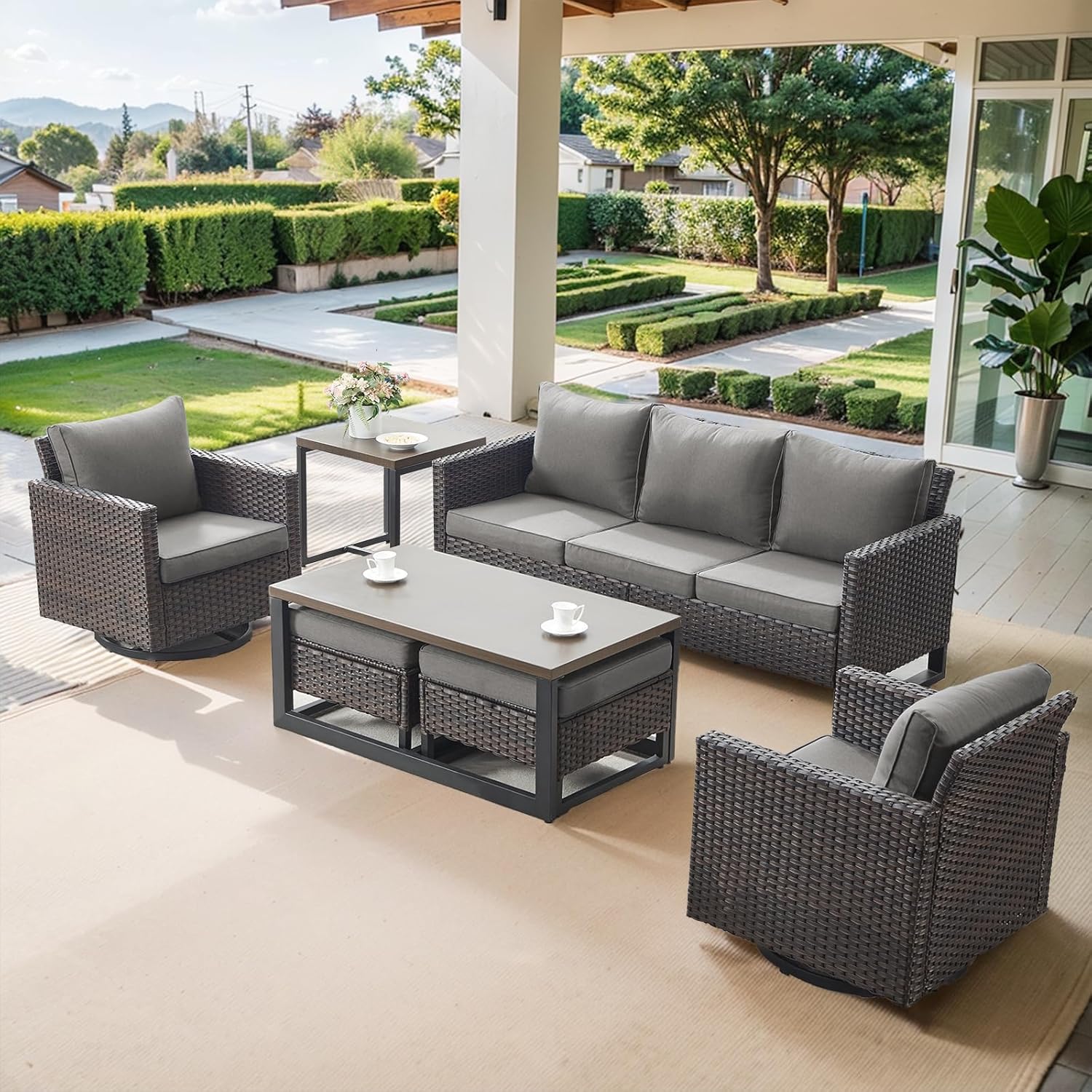 Patio Furniture 5 Piece Outdoor Sofa Set, Oversize Outdoor Dining Chairs with Rattan Ottomans, Conversation Sets Patio Furniture Come with Removable Washable