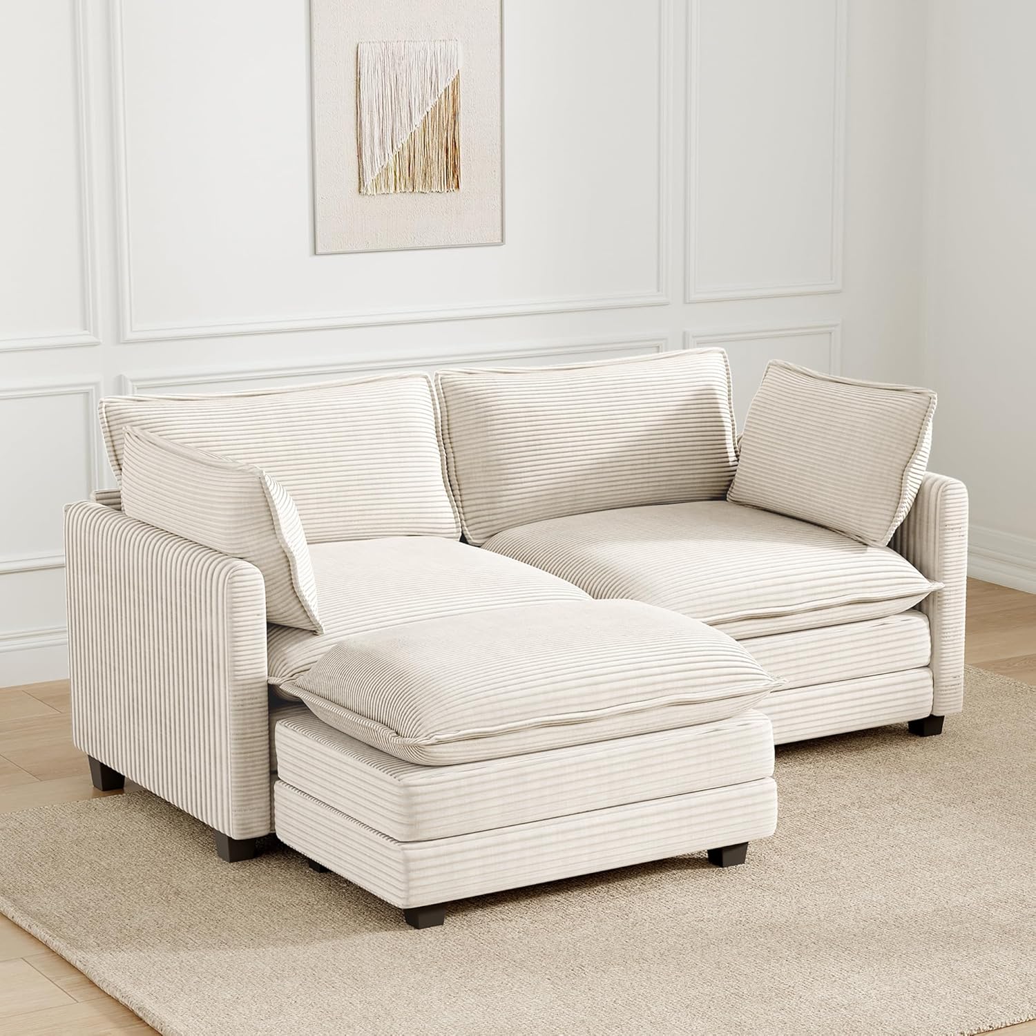 Oversized Modular Sectional Sofa with Movable Ottoman, 112 Inch 4 Seat Modern Corduroy Sofa Set, Convertible L Shaped Couch for Living Room and Office, Beige