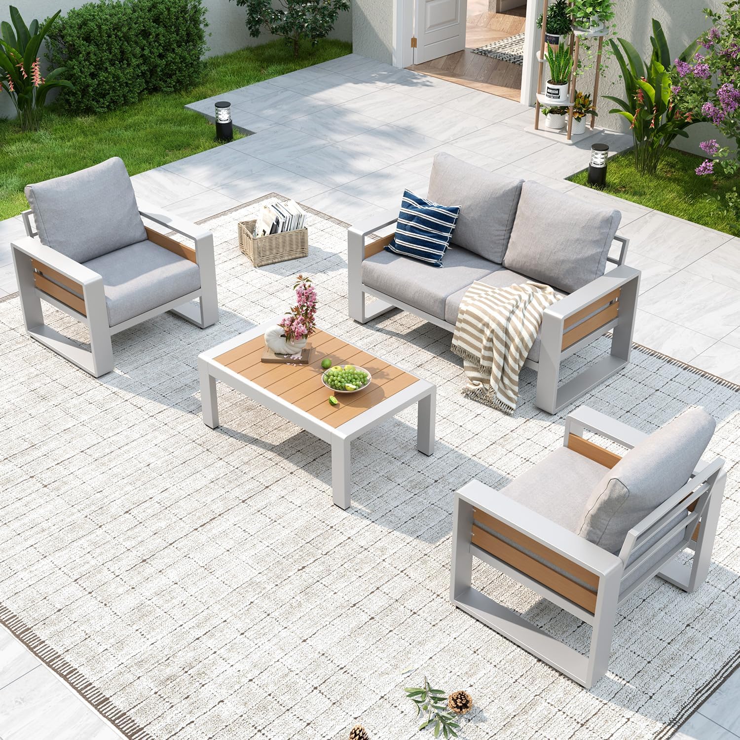 Aluminum Patio Furniture Set, 5 Seats Luxury Outdoor Sectional with 6" Olefin Fabric Cushions, Patio Conversation Sets with Coffee Table Outdoor Sofas for Backyard, Deck, Dark Grey