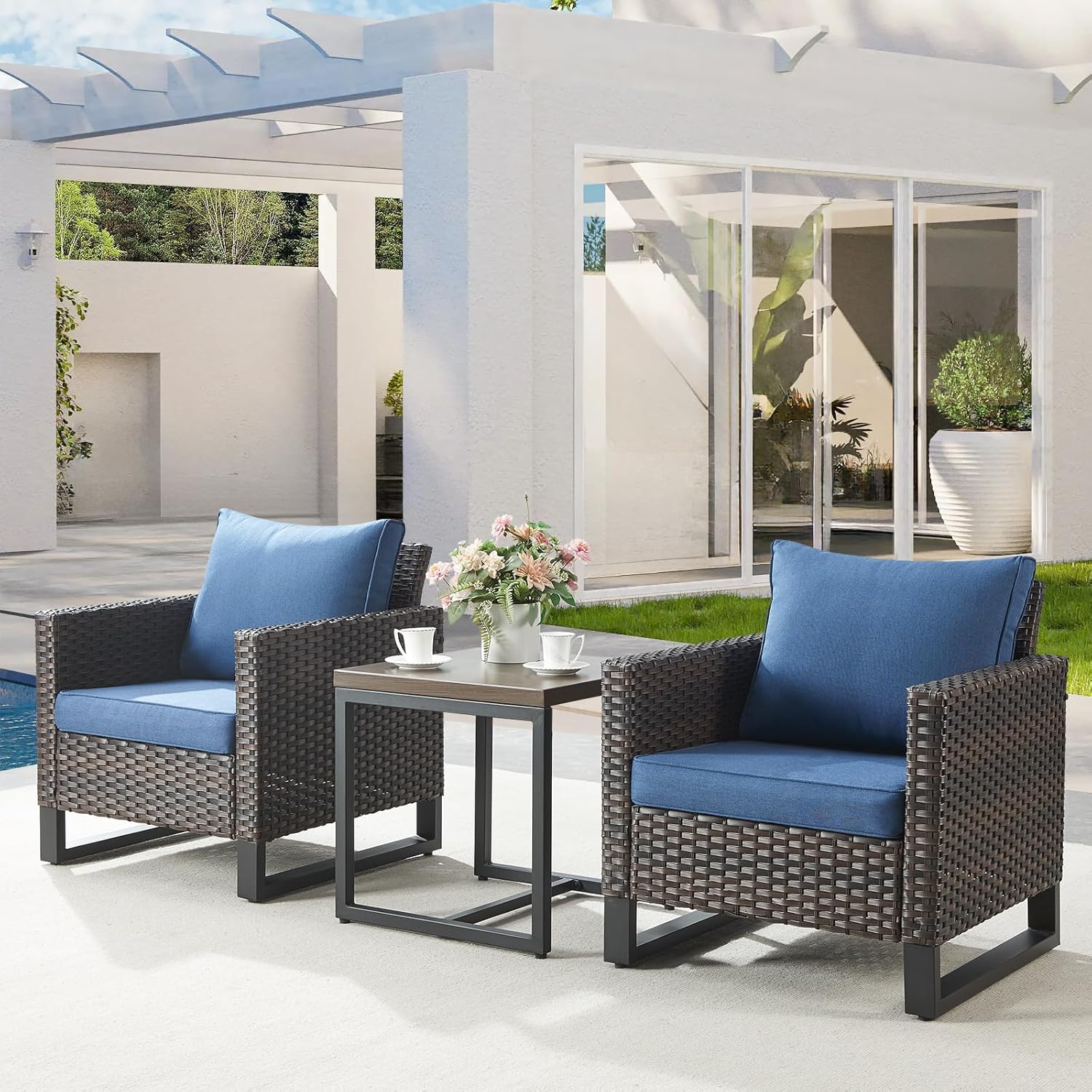 Patio Furniture 5 Piece Outdoor Sofa Set, Oversize Outdoor Dining Chairs with Rattan Ottomans, Conversation Sets Patio Furniture Come with Removable Washable