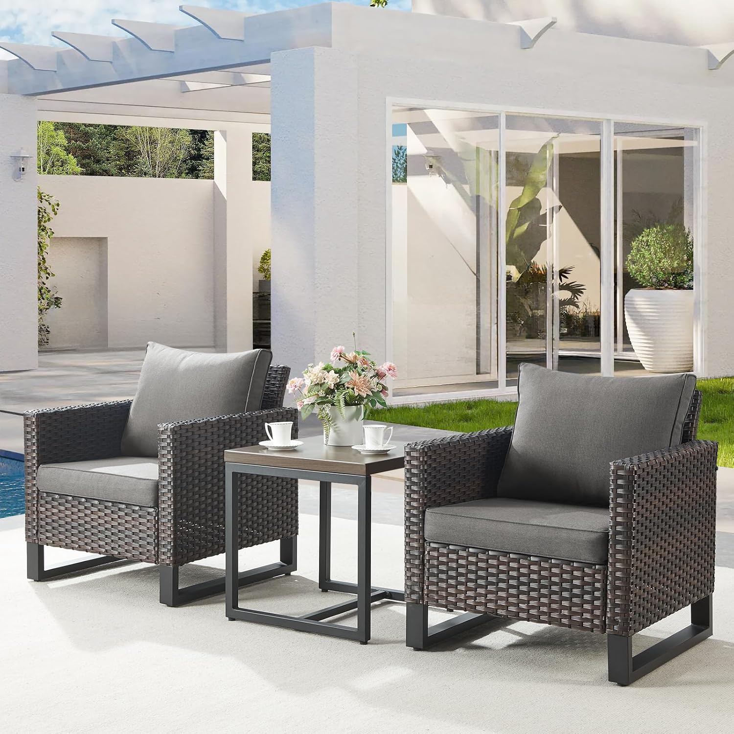 Patio Furniture 5 Piece Outdoor Sofa Set, Oversize Outdoor Dining Chairs with Rattan Ottomans, Conversation Sets Patio Furniture Come with Removable Washable