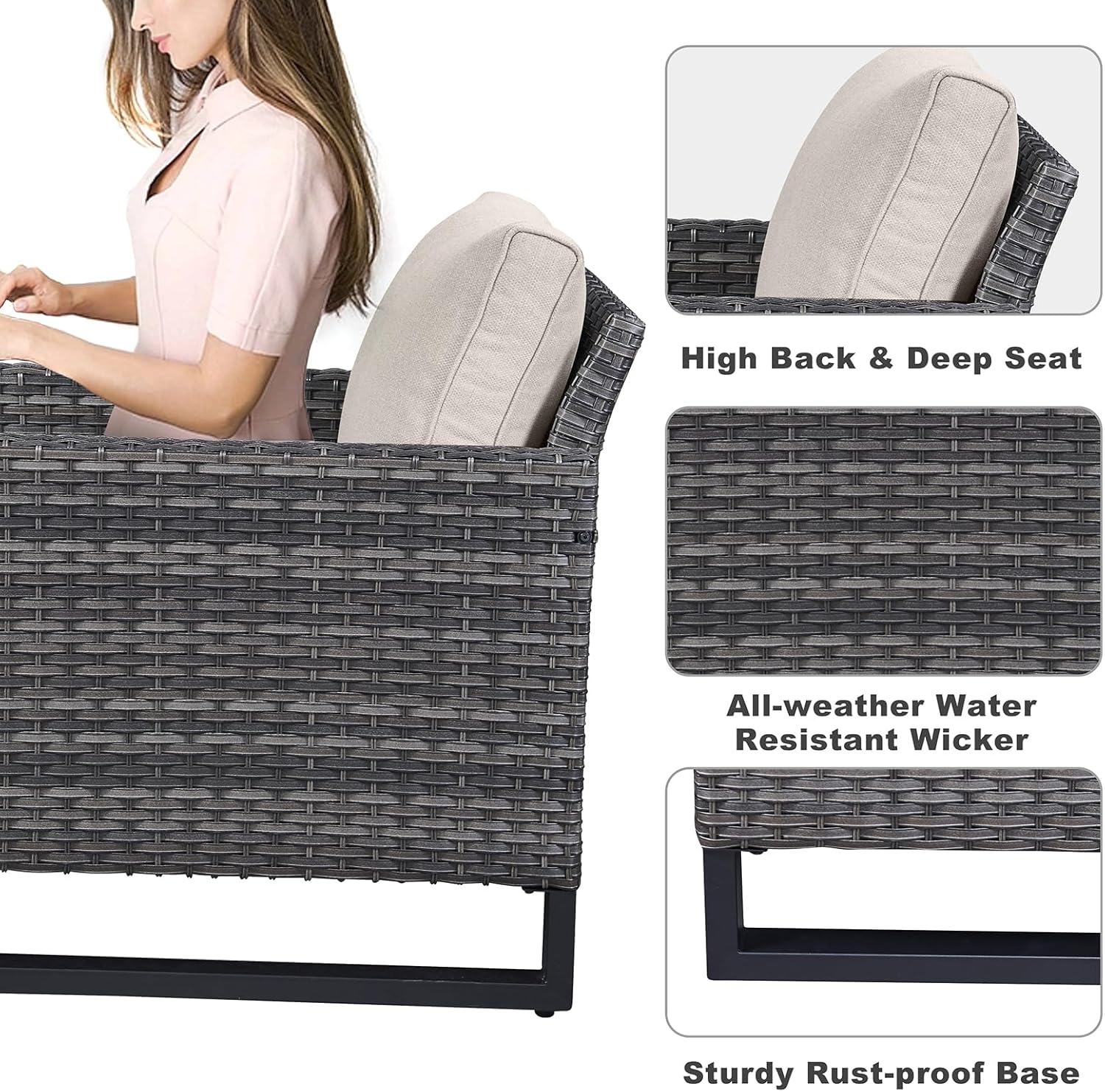 Patio Furniture 5 Piece Outdoor Sofa Set, Oversize Outdoor Dining Chairs with Rattan Ottomans, Conversation Sets Patio Furniture Come with Removable Washable