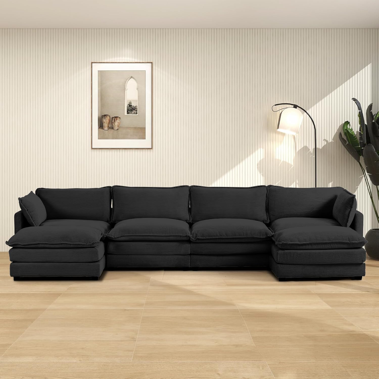 Oversized Modular Sectional Sofa with Movable Ottoman, 112 Inch 4 Seat Modern Corduroy Sofa Set, Convertible L Shaped Couch for Living Room and Office, Beige