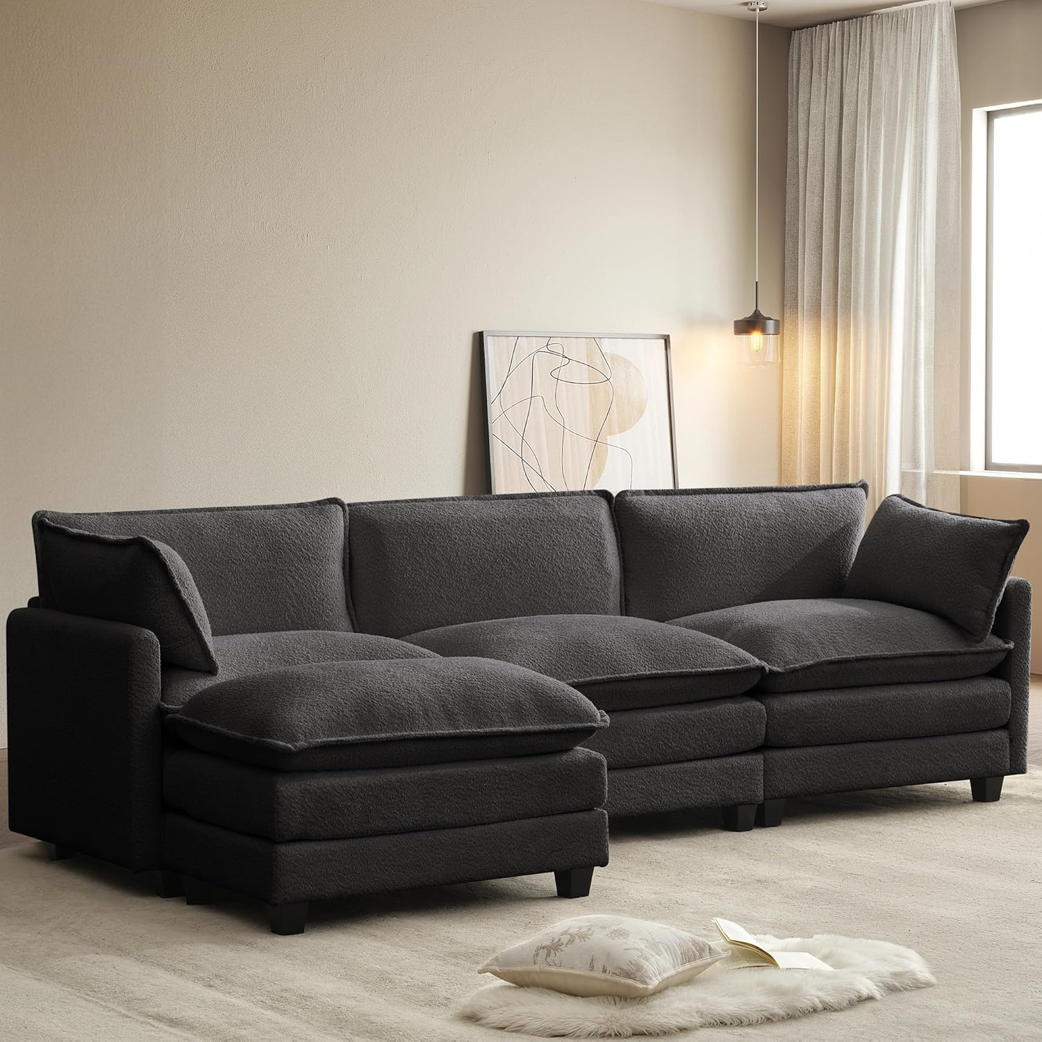 Oversized Modular Sectional Sofa with Movable Ottoman, 112 Inch 4 Seat Modern Corduroy Sofa Set, Convertible L Shaped Couch for Living Room and Office, Beige