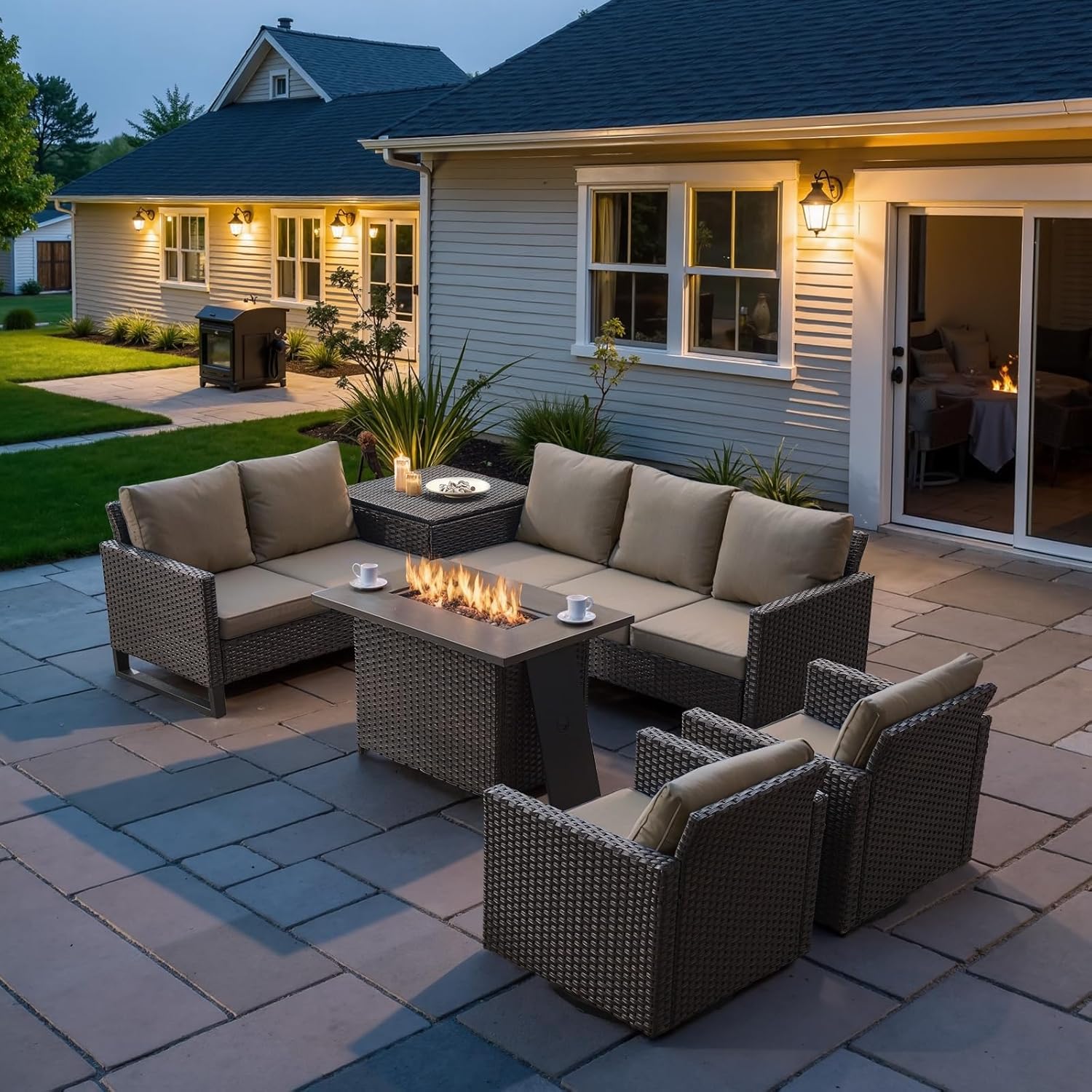 Patio Furniture 5 Piece Outdoor Sofa Set, Oversize Outdoor Dining Chairs with Rattan Ottomans, Conversation Sets Patio Furniture Come with Removable Washable