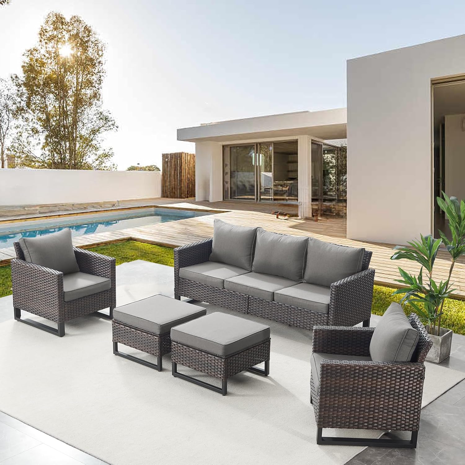 Patio Furniture 5 Piece Outdoor Sofa Set, Oversize Outdoor Dining Chairs with Rattan Ottomans, Conversation Sets Patio Furniture Come with Removable Washable