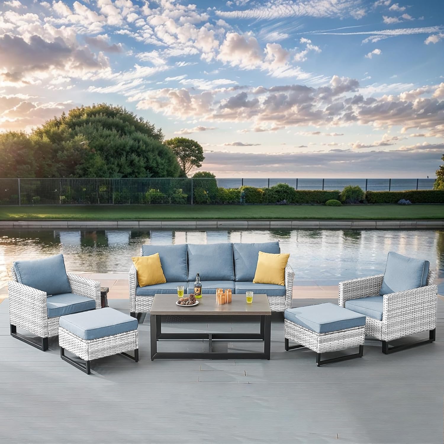 Patio Furniture 5 Piece Outdoor Sofa Set, Oversize Outdoor Dining Chairs with Rattan Ottomans, Conversation Sets Patio Furniture Come with Removable Washable