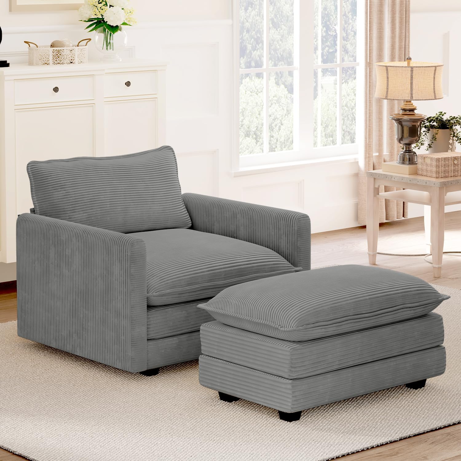 Oversized Modular Sectional Sofa with Movable Ottoman, 112 Inch 4 Seat Modern Corduroy Sofa Set, Convertible L Shaped Couch for Living Room and Office, Beige